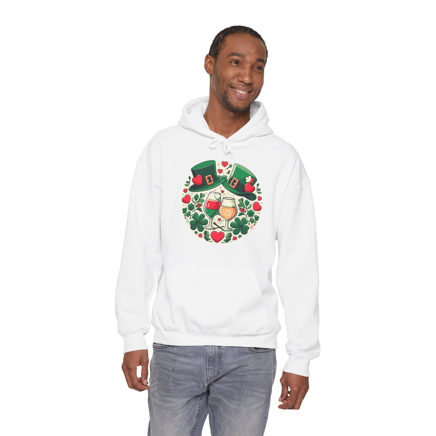 St. Patrick's Day Hoodie, Irish Celebration Beer Clover Heart Unisex Pullover