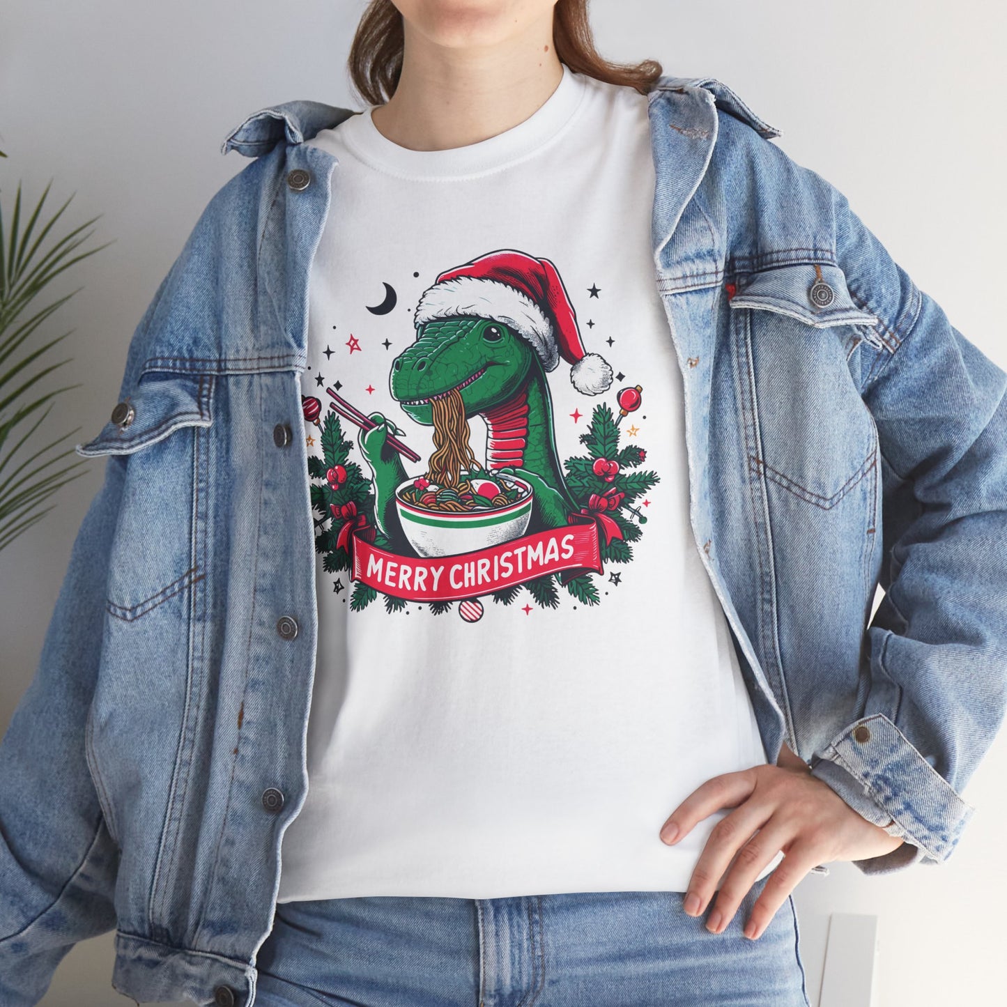 Festive Dinosaur Enjoying Ramen: A Merry Christmas Greetings Unisex Tee