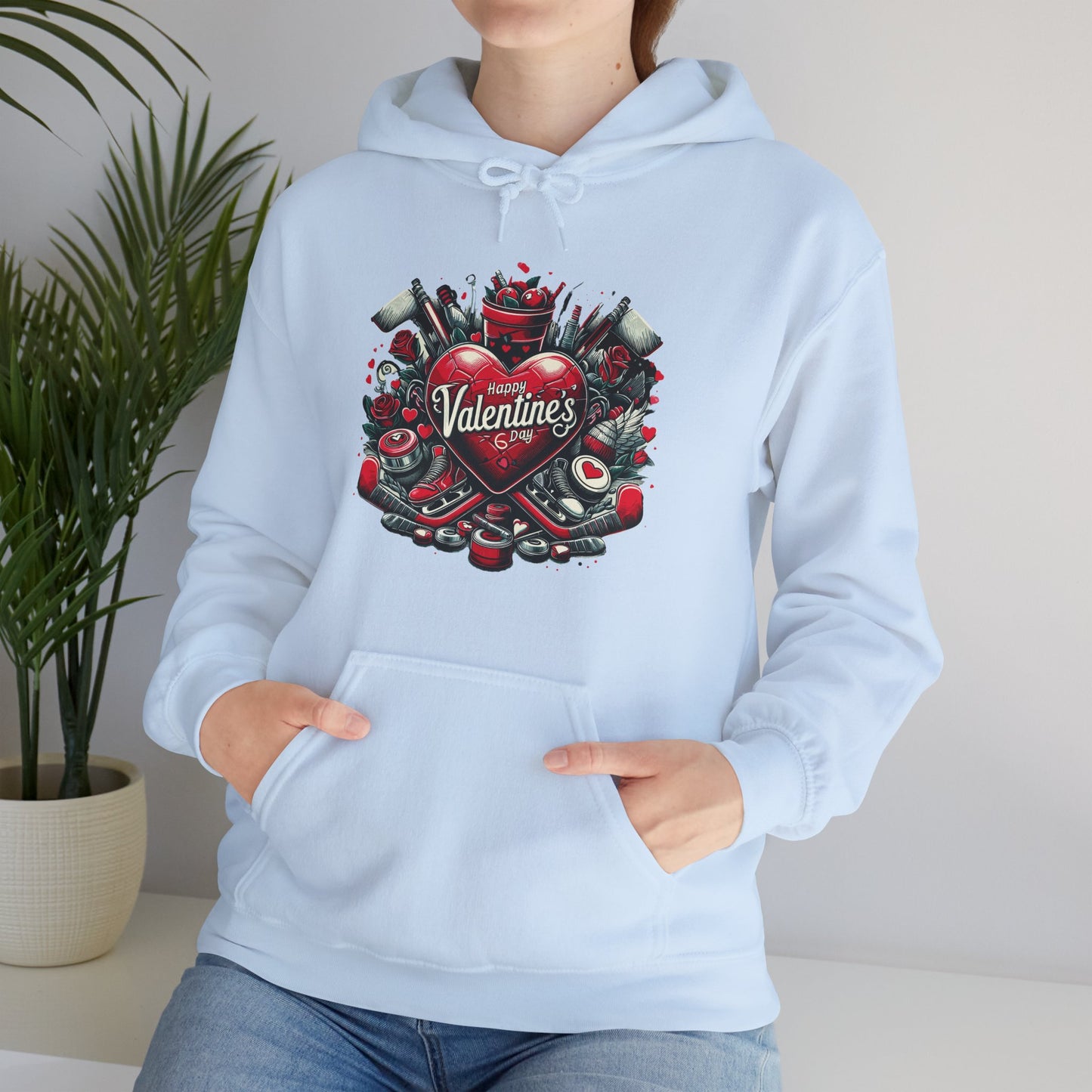 Valentine's Day Heart and Roses Hoodie, Romantic Couple Skatewear, Love ice hockey Themed Sweatshirt