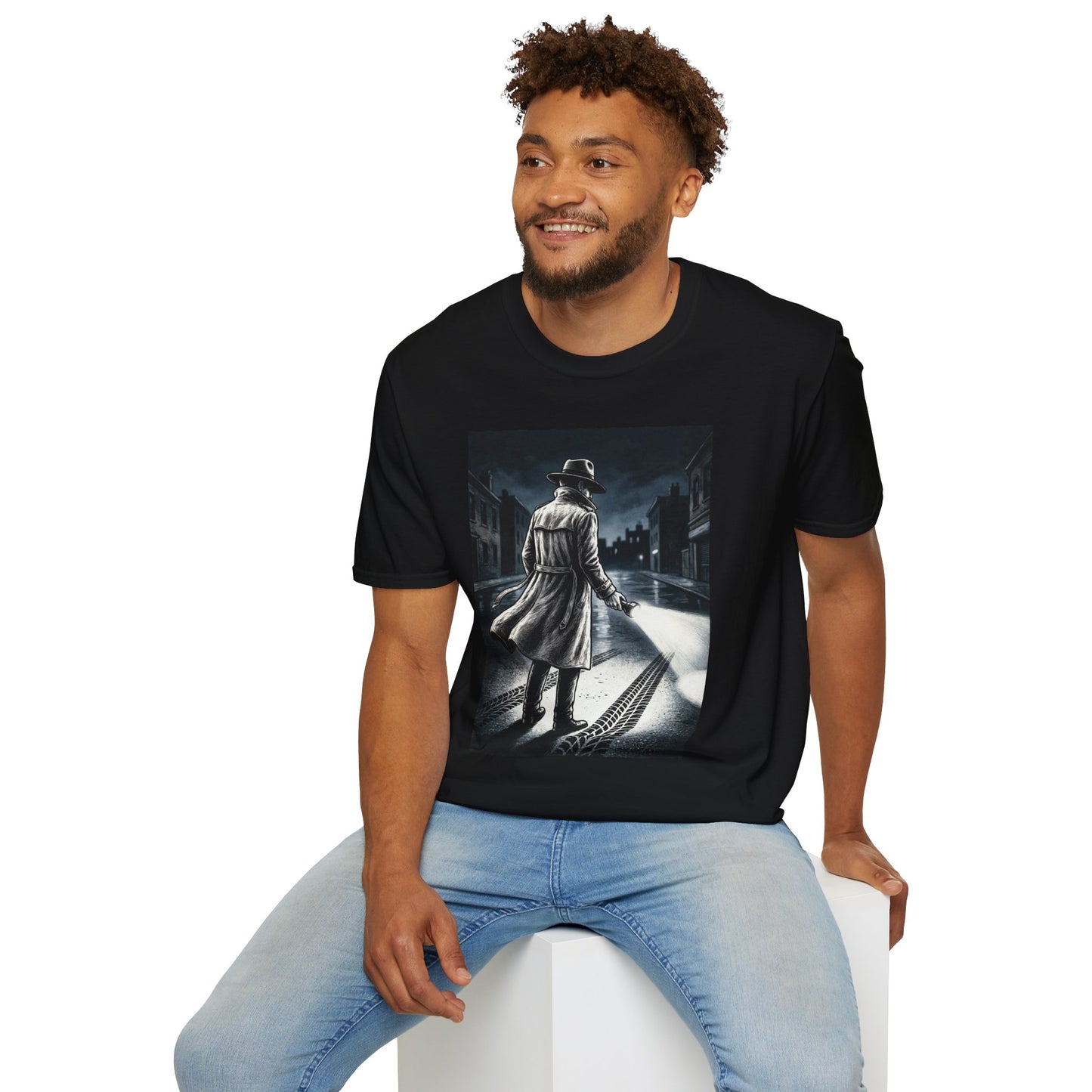 Shadow Streets Noir Detective T-Shirt | Vintage Mystery Trench Coat Art