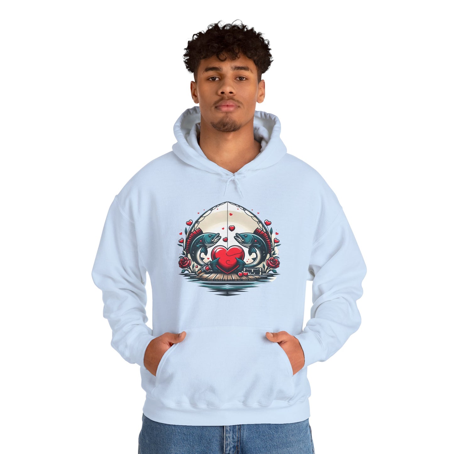 Unique Fish Love Heart Hoodie Unisex Fishing Themed Sweatshirt Graphic Hoodie With Rose Detail Romantic Angler Gift