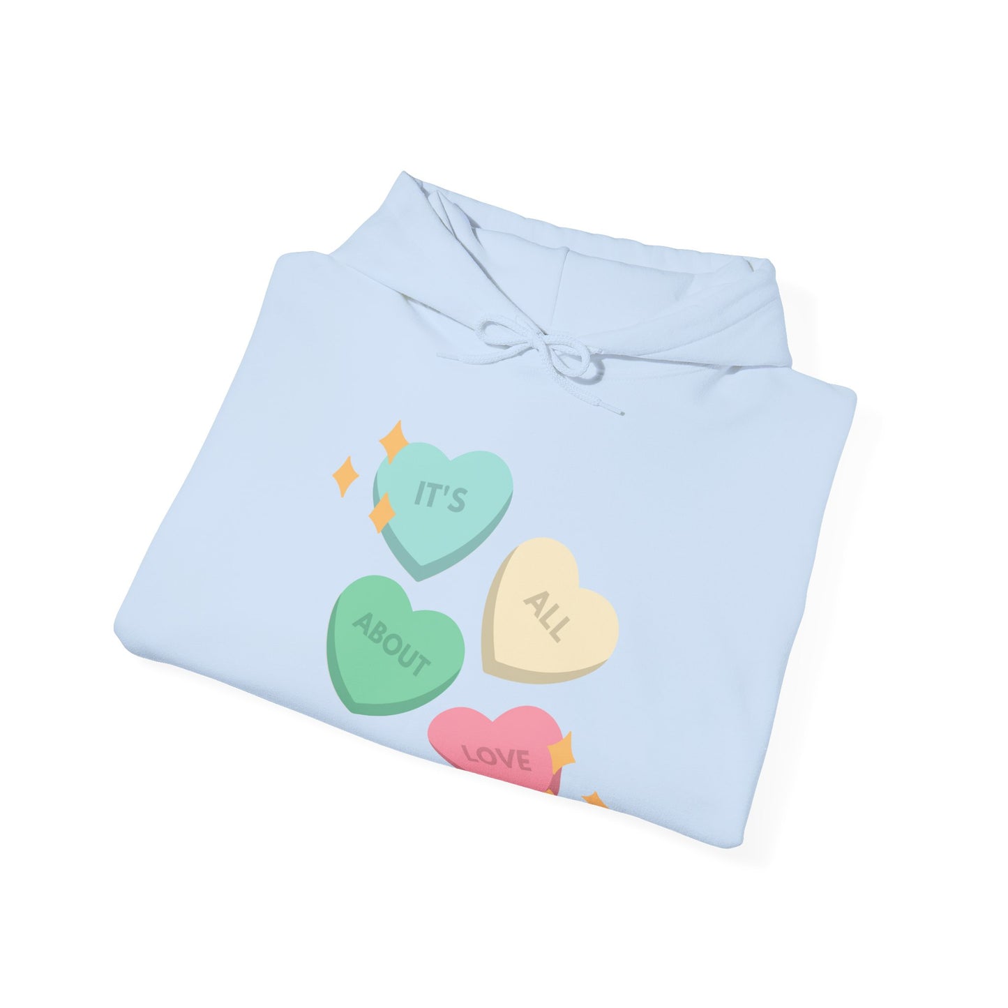 It's All About Love" Pastel Heart Hoodie | Retro Candy Style Sweatshirt | Aesthetic Love Graphic Pullover  Description: