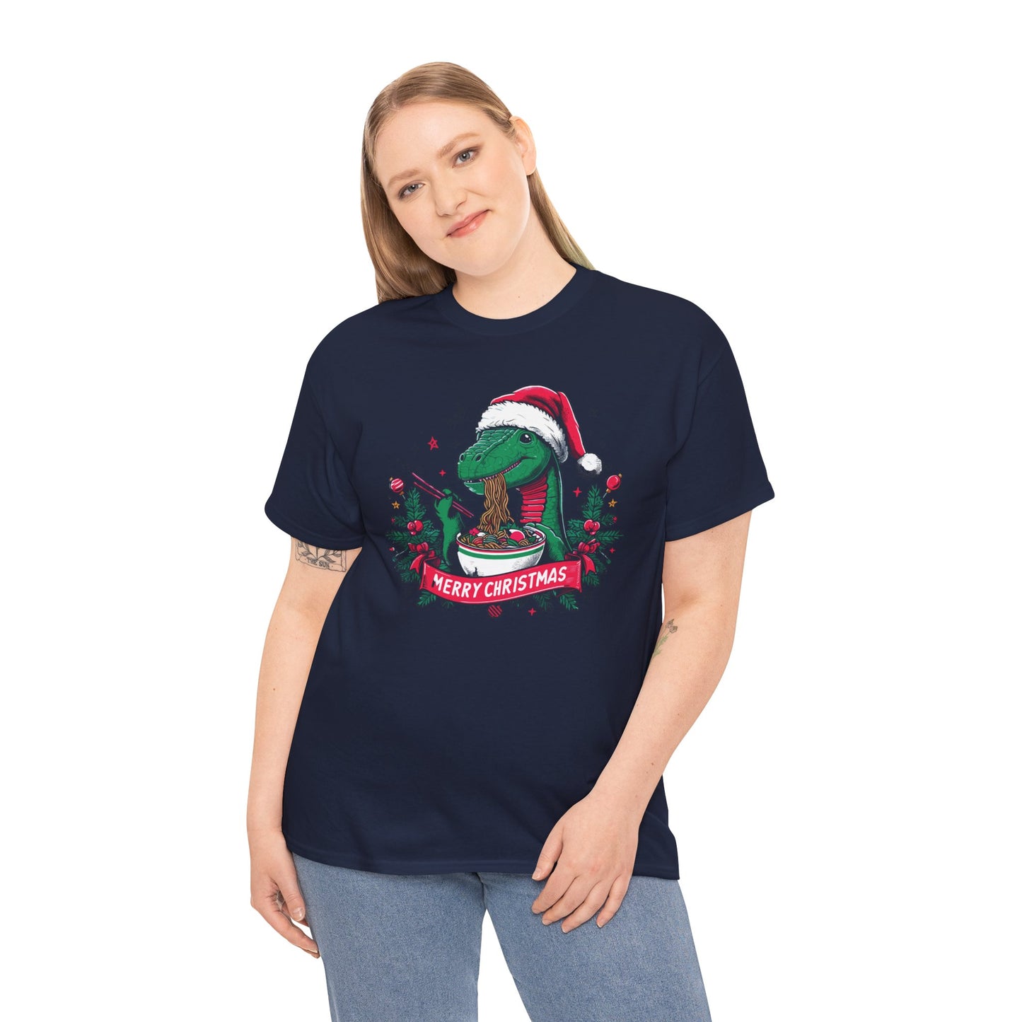 Festive Dinosaur Enjoying Ramen: A Merry Christmas Greetings Unisex Tee