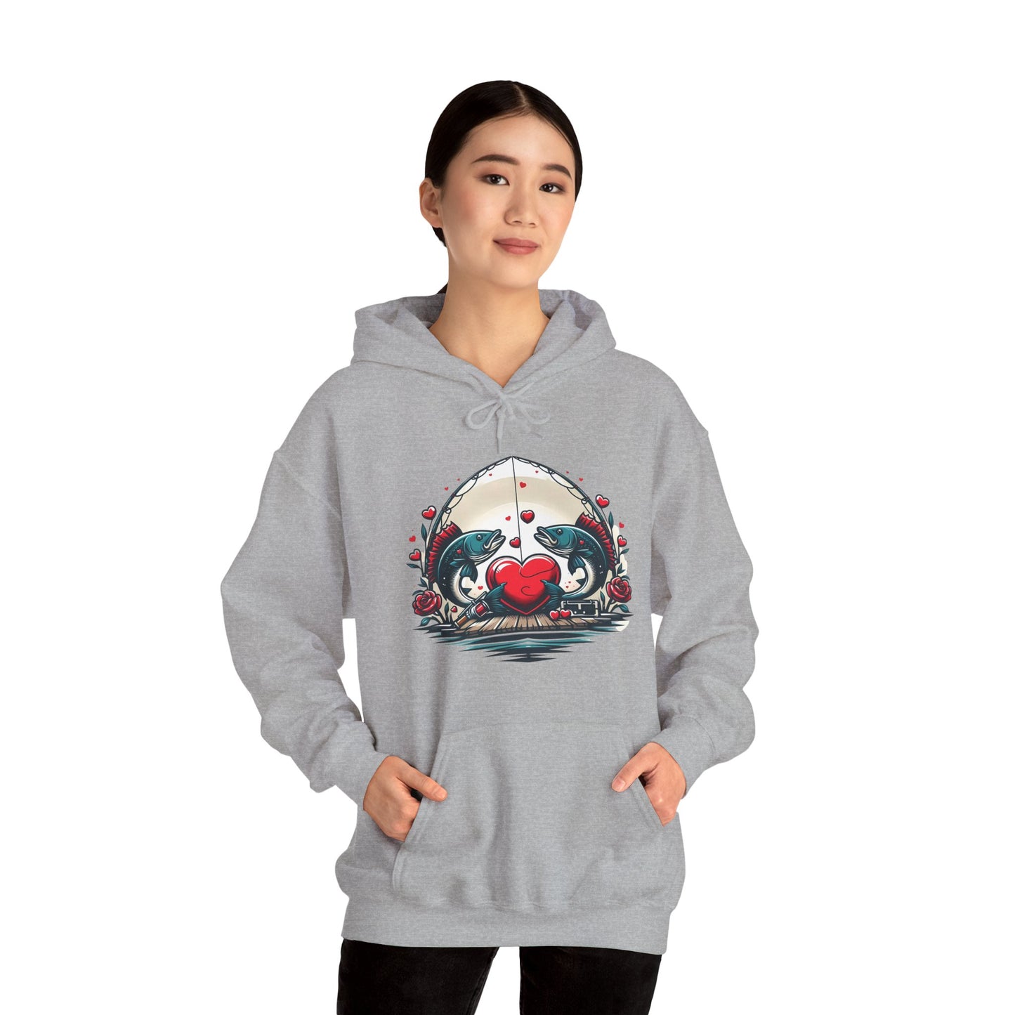 Unique Fish Love Heart Hoodie Unisex Fishing Themed Sweatshirt Graphic Hoodie With Rose Detail Romantic Angler Gift