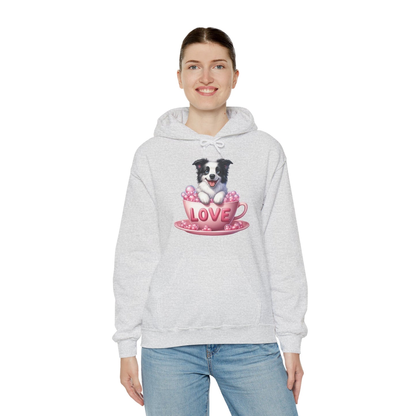 Viral Puppy Love Border Collie Hoodie - Cute Dog in Pink Cup Graphic Unisex Sweatshirt - Adorable Gift for Border Collie Lovers