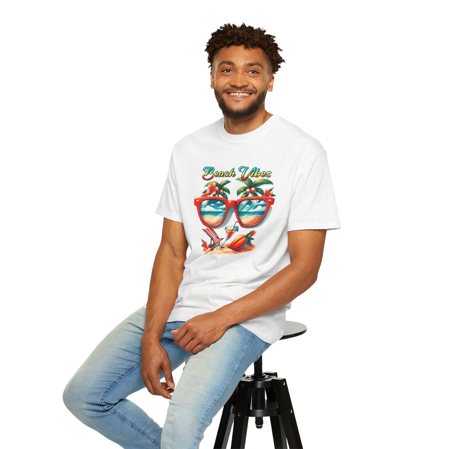 Beach Vibes Graphic Tee – Retro Sunglasses, Palm Trees & Sunset Summer Shirt