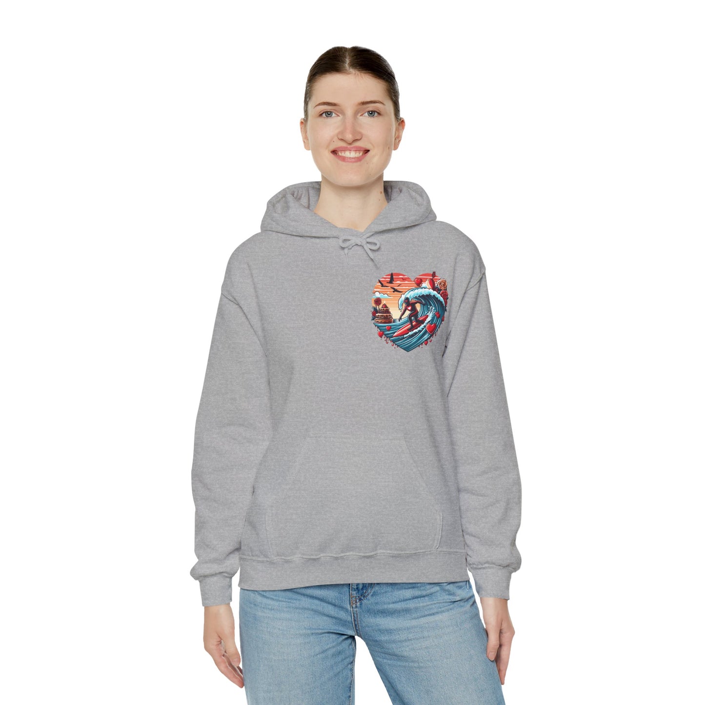 Surfing Love Heart Hoodie Surfer Wave Unisex Sweatshirt - Viral Romantic Beach Gift