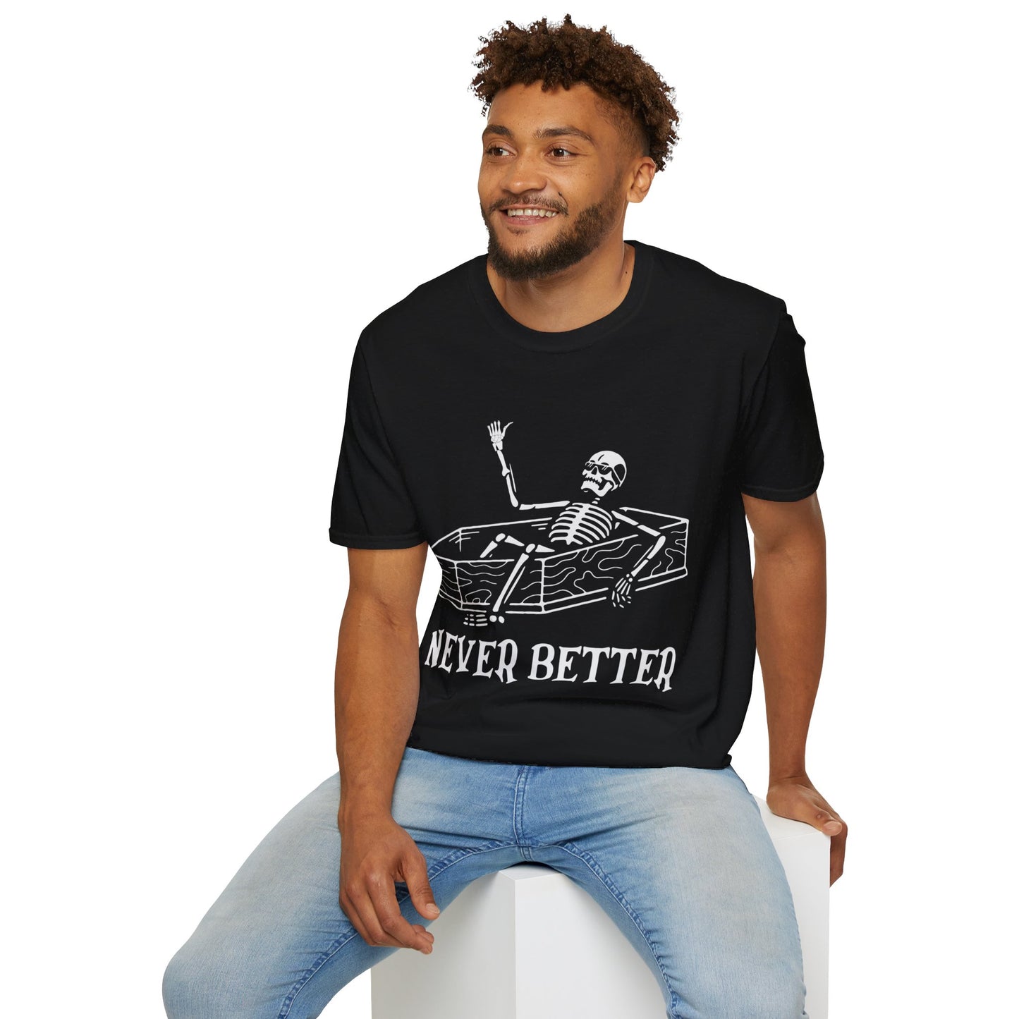 NEVER BETTER - Skeleton in Coffin Halloween Unisex Softstyle T-Shirt