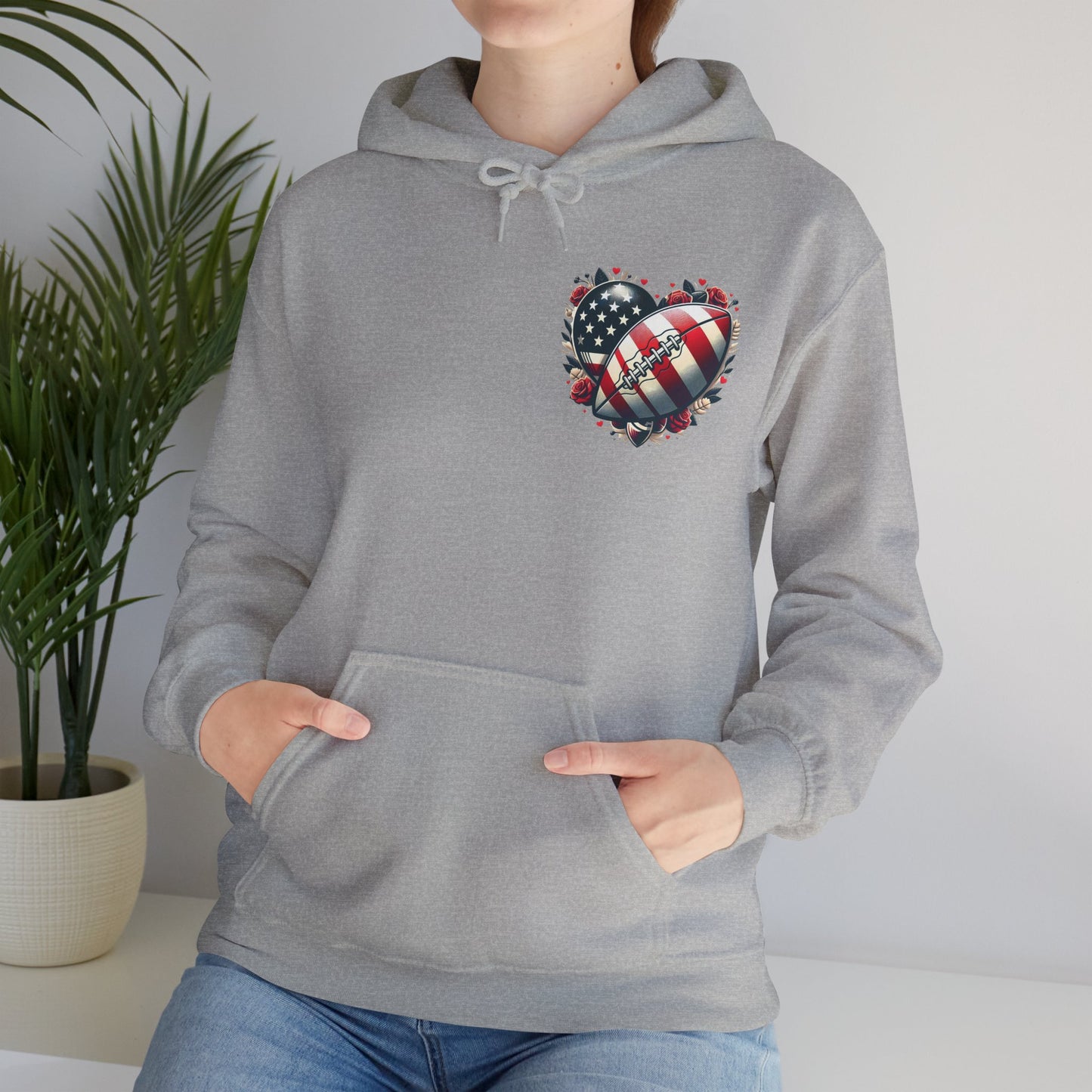 Touchdown Soul: Patriotic American Flag Football Heart Hoodie