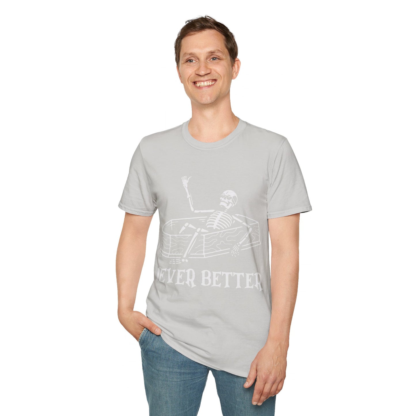 NEVER BETTER - Skeleton in Coffin Halloween Unisex Softstyle T-Shirt