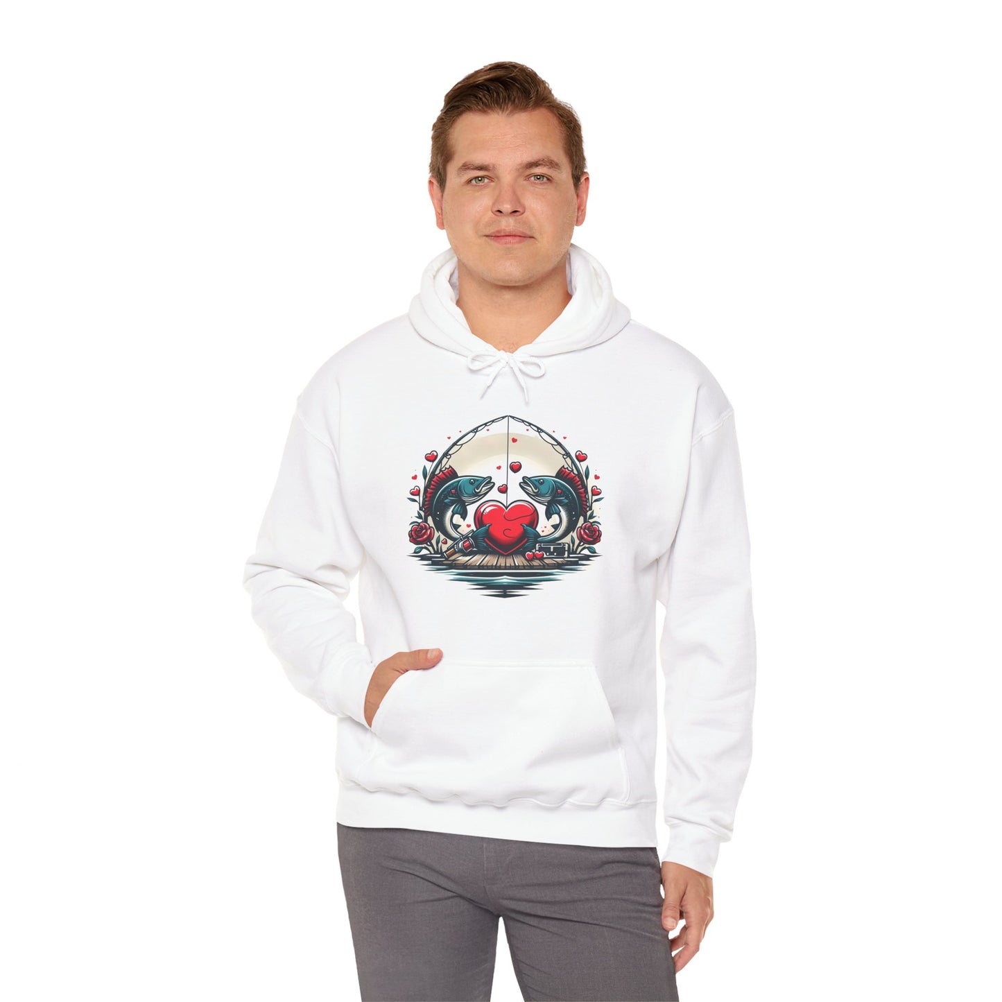 Unique Fish Love Heart Hoodie Unisex Fishing Themed Sweatshirt Graphic Hoodie With Rose Detail Romantic Angler Gift