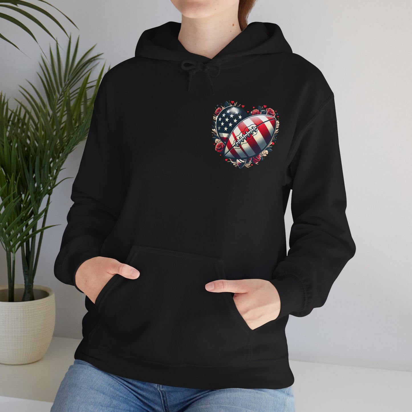 Touchdown Soul: Patriotic American Flag Football Heart Hoodie