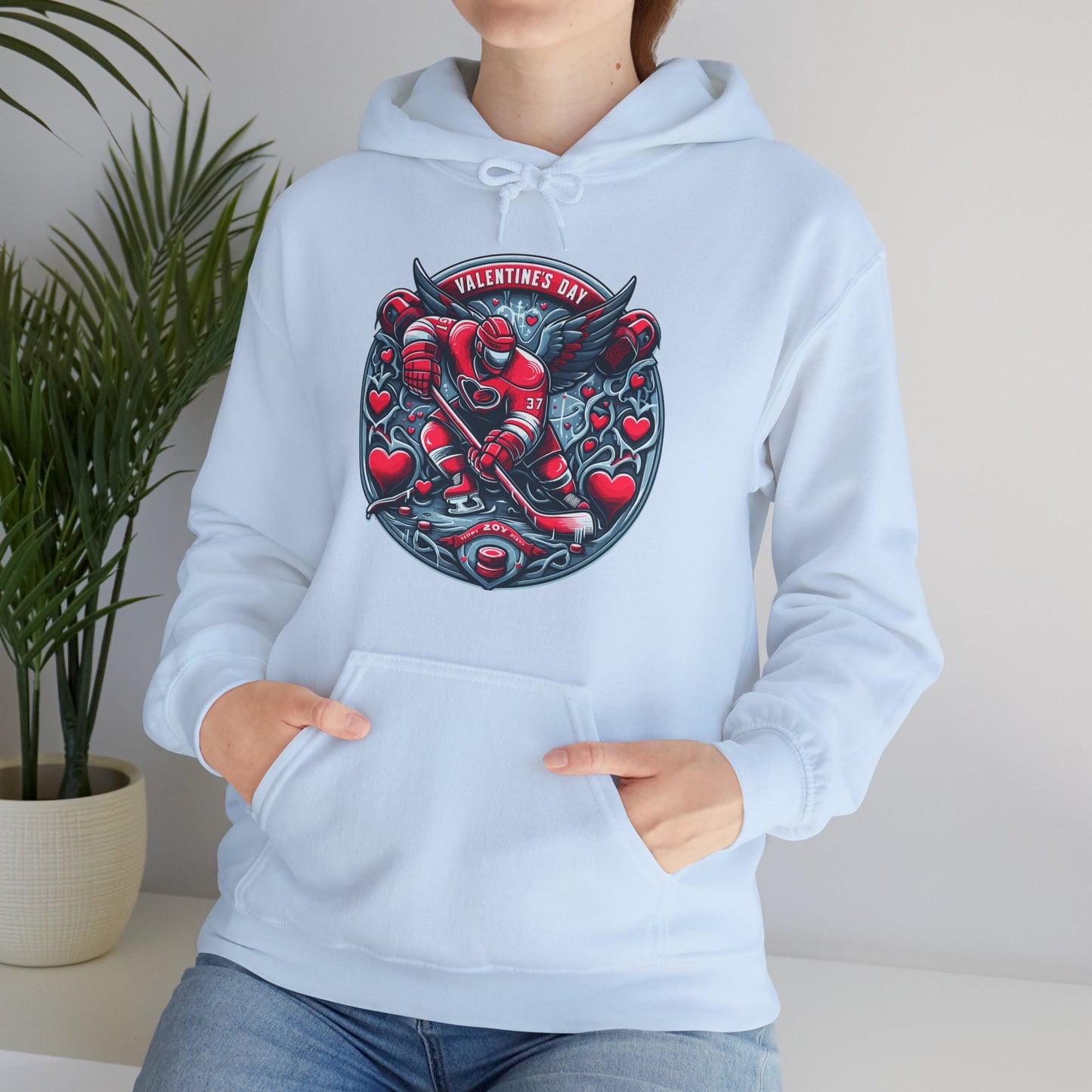 Valentines Day Hockey Hoodie, Romantic Sports Gift, Unisex Heart Hockey Graphic Pullover, Casual Comfortable Sporty Apparel