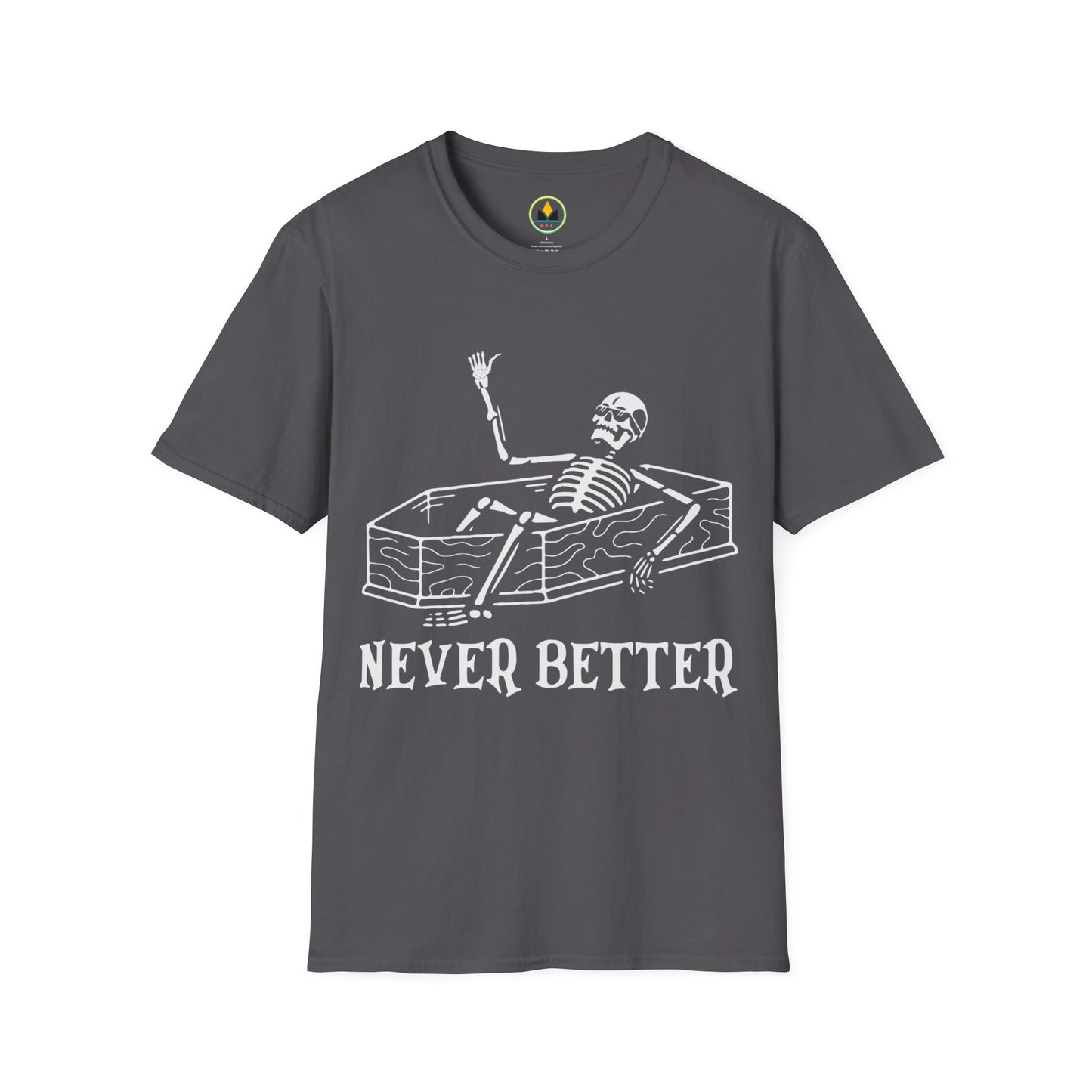 NEVER BETTER - Skeleton in Coffin Halloween Unisex Softstyle T-Shirt