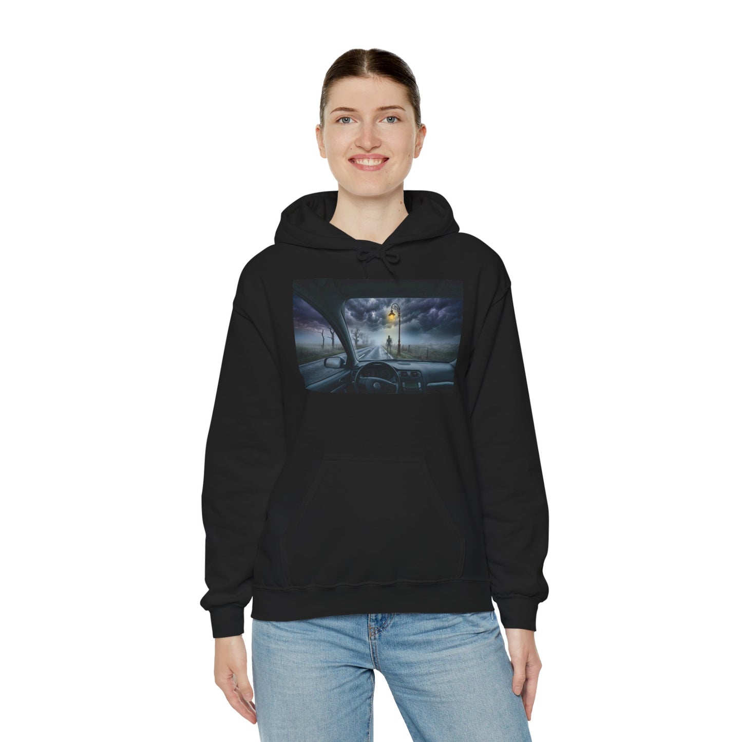 Roadside Encounter Hoodie | Eerie Figure on a Foggy Country Road