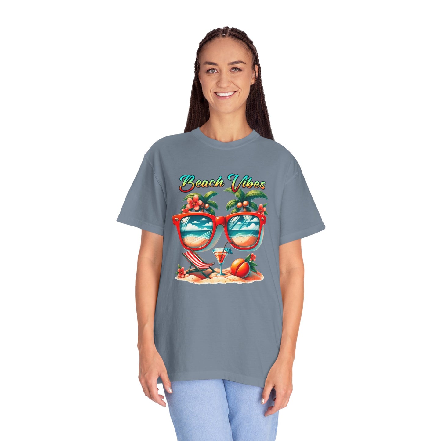 Beach Vibes Graphic Tee – Retro Sunglasses, Palm Trees & Sunset Summer Shirt