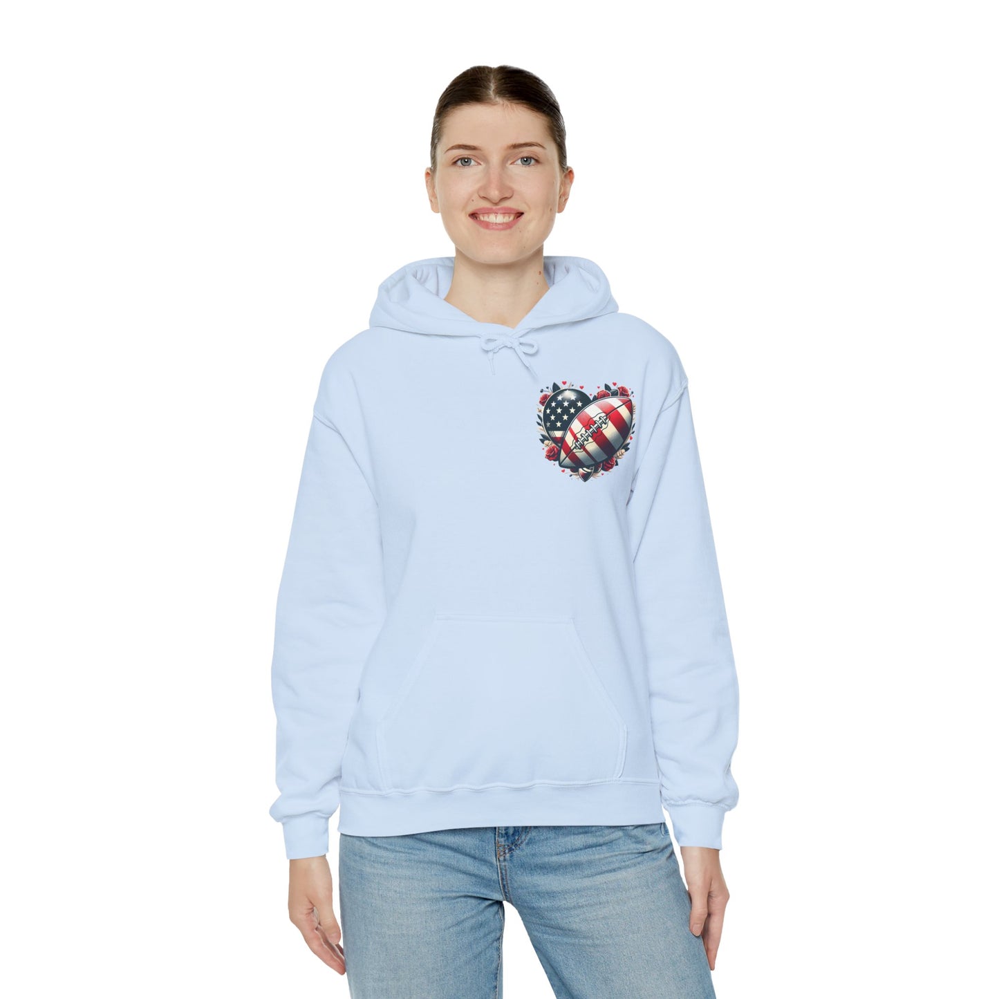 Touchdown Soul: Patriotic American Flag Football Heart Hoodie