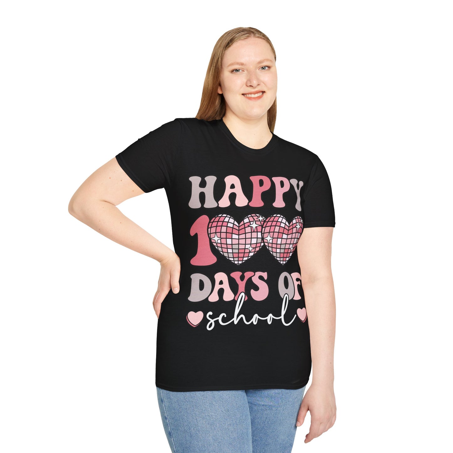 Happy 100 Days of School Shirt | Retro Disco Hearts Black Tee | Pink Groovy Teacher Outfit | Cute Student Milestone Gift