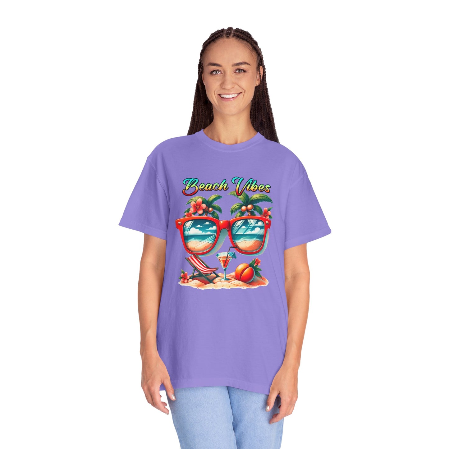 Beach Vibes Graphic Tee – Retro Sunglasses, Palm Trees & Sunset Summer Shirt