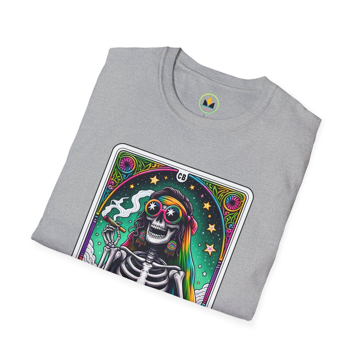 Psychedelic “Cannabitch” Tarot Skeleton T‑Shirt – Trippy Rainbow Weed Art for Stoner Queens