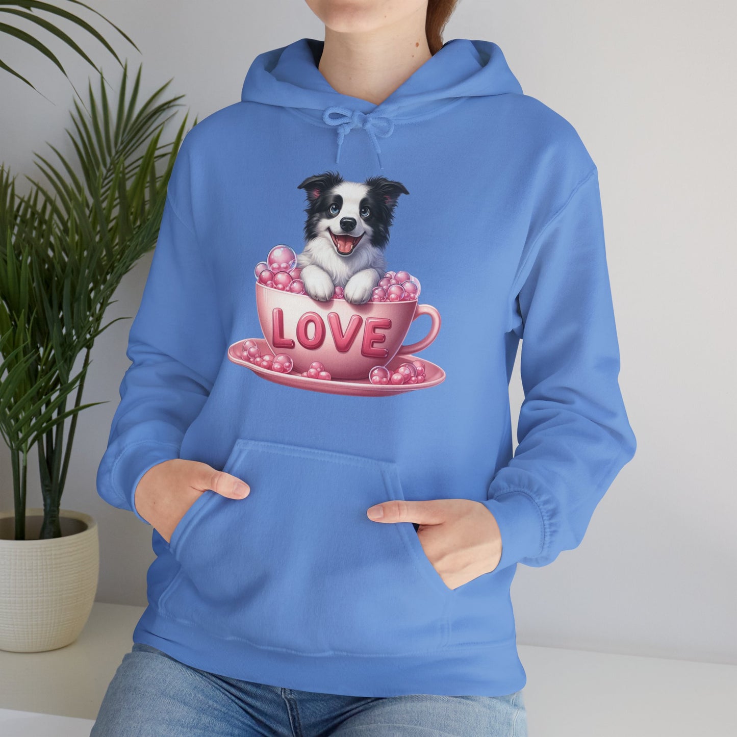 Viral Puppy Love Border Collie Hoodie - Cute Dog in Pink Cup Graphic Unisex Sweatshirt - Adorable Gift for Border Collie Lovers