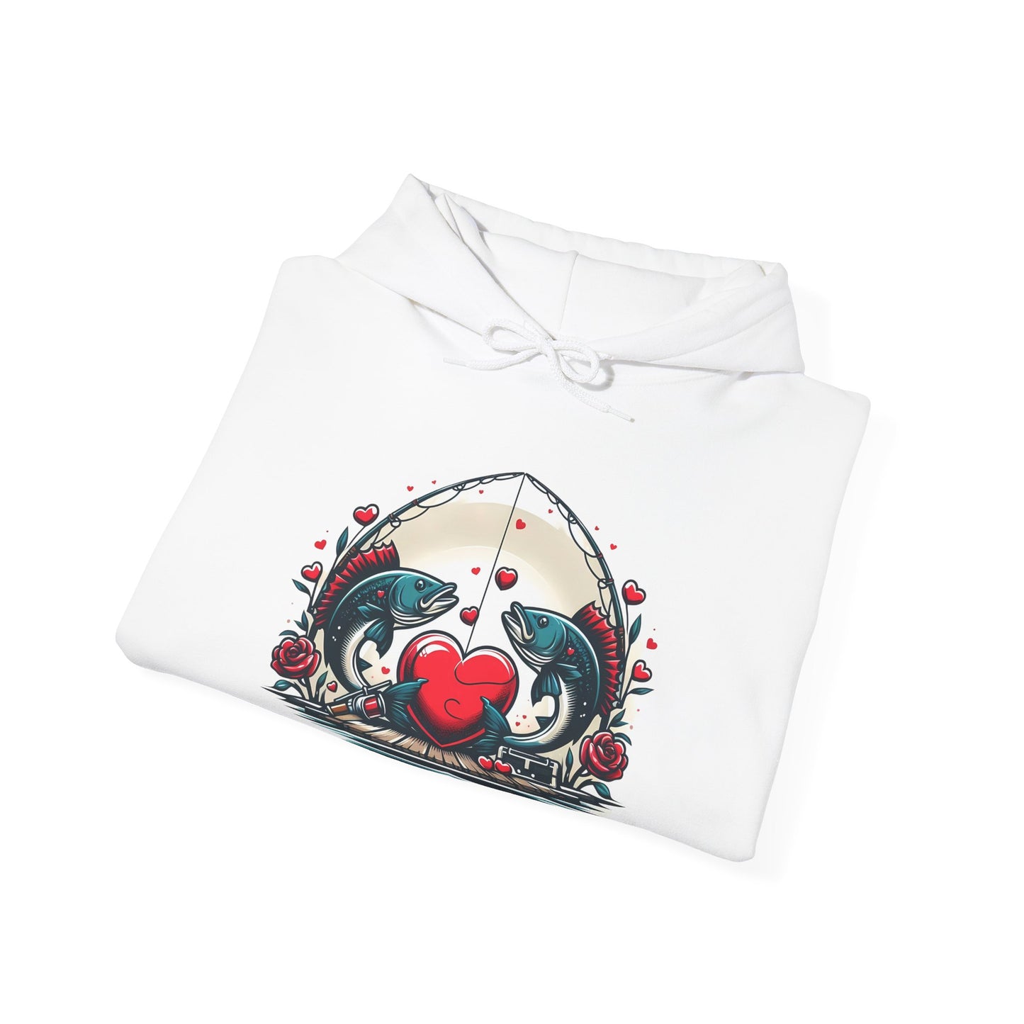 Unique Fish Love Heart Hoodie Unisex Fishing Themed Sweatshirt Graphic Hoodie With Rose Detail Romantic Angler Gift