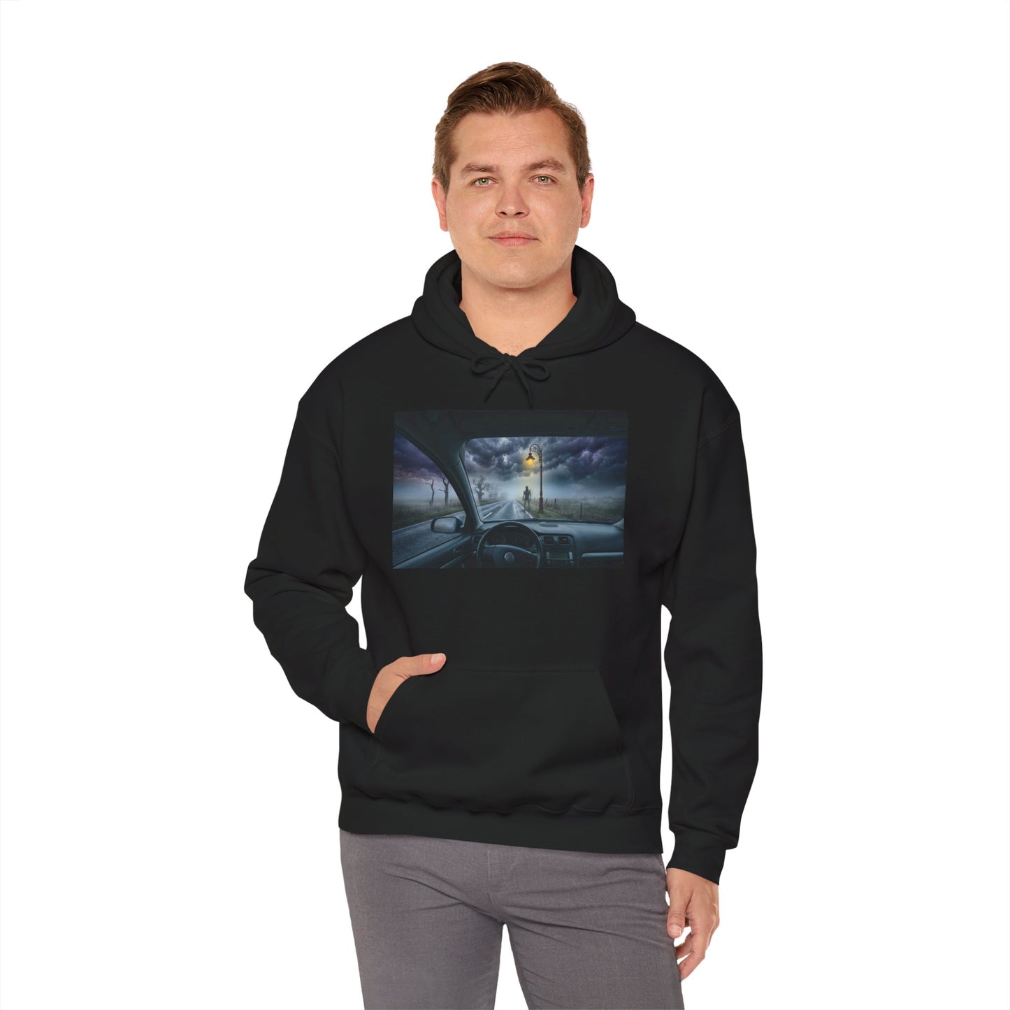 Roadside Encounter Hoodie | Eerie Figure on a Foggy Country Road