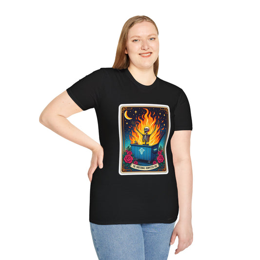 Emotional Dumpster Fire Tarot Tee - Unique Halloween Skeleton Shirt