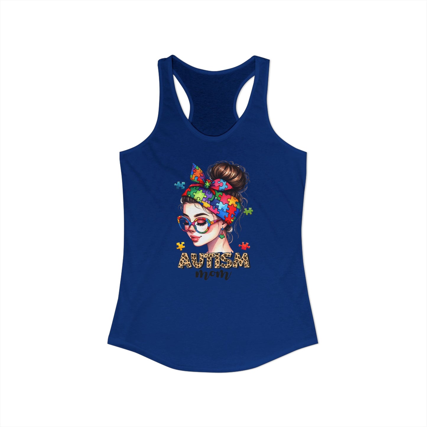 Autism Mom Messy Bun Tank – Colorful Puzzle Pieces, Leopard Print & Neurodiversity Pride