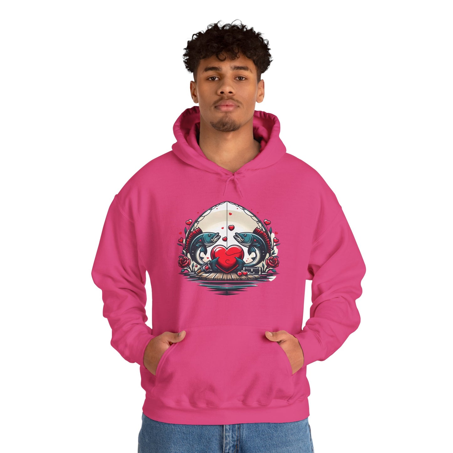 Unique Fish Love Heart Hoodie Unisex Fishing Themed Sweatshirt Graphic Hoodie With Rose Detail Romantic Angler Gift