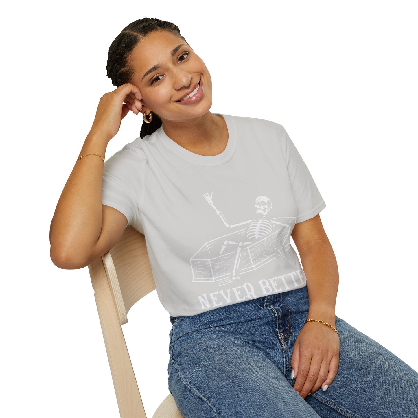 Never Better Skeleton Coffin T‑Shirt – Dark Humor Goth Tee for the Delightfully Dead Inside