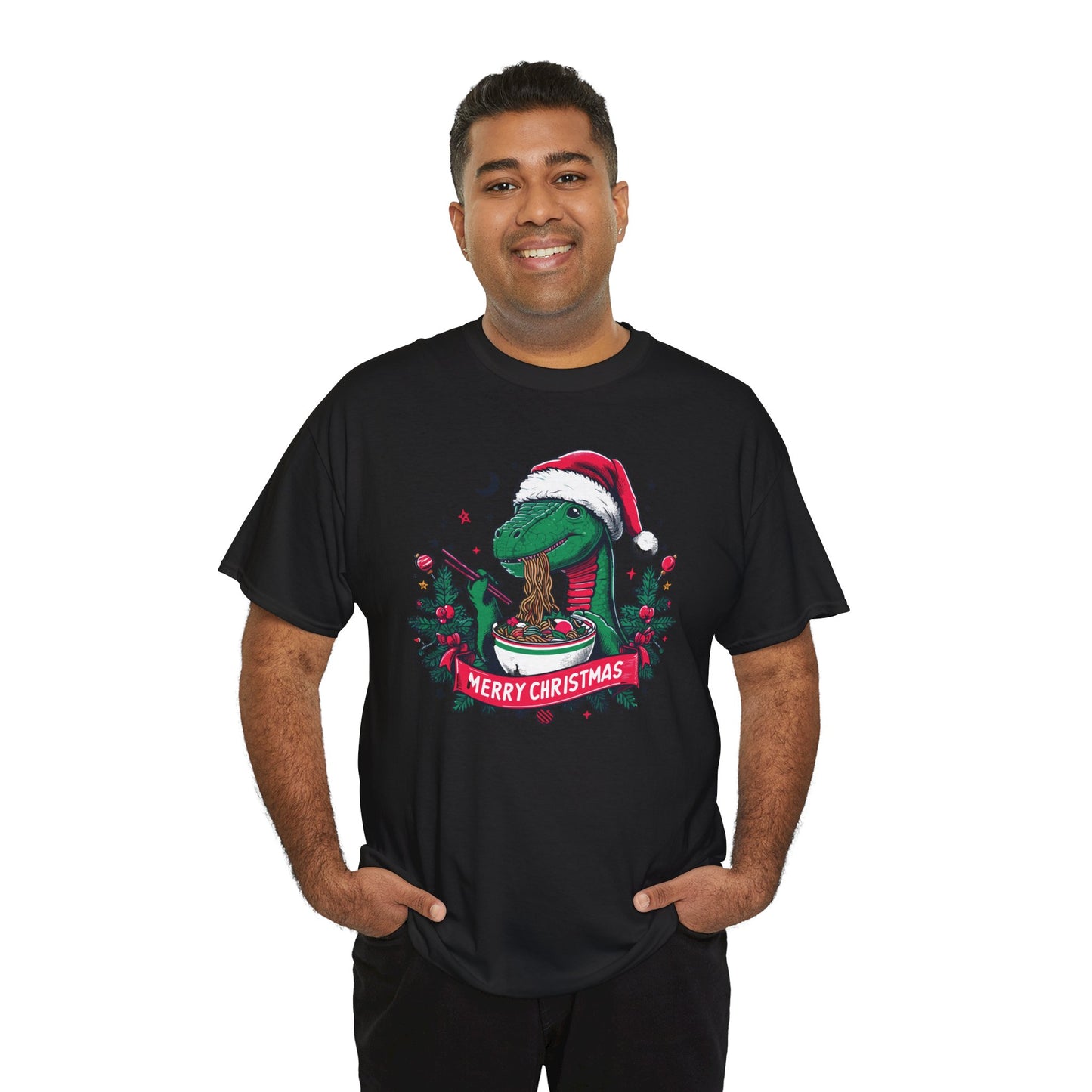 Festive Dinosaur Enjoying Ramen: A Merry Christmas Greetings Unisex Tee