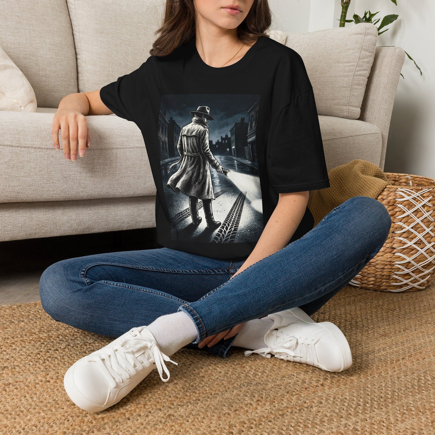 Shadow Streets Noir Detective T-Shirt | Vintage Mystery Trench Coat Art
