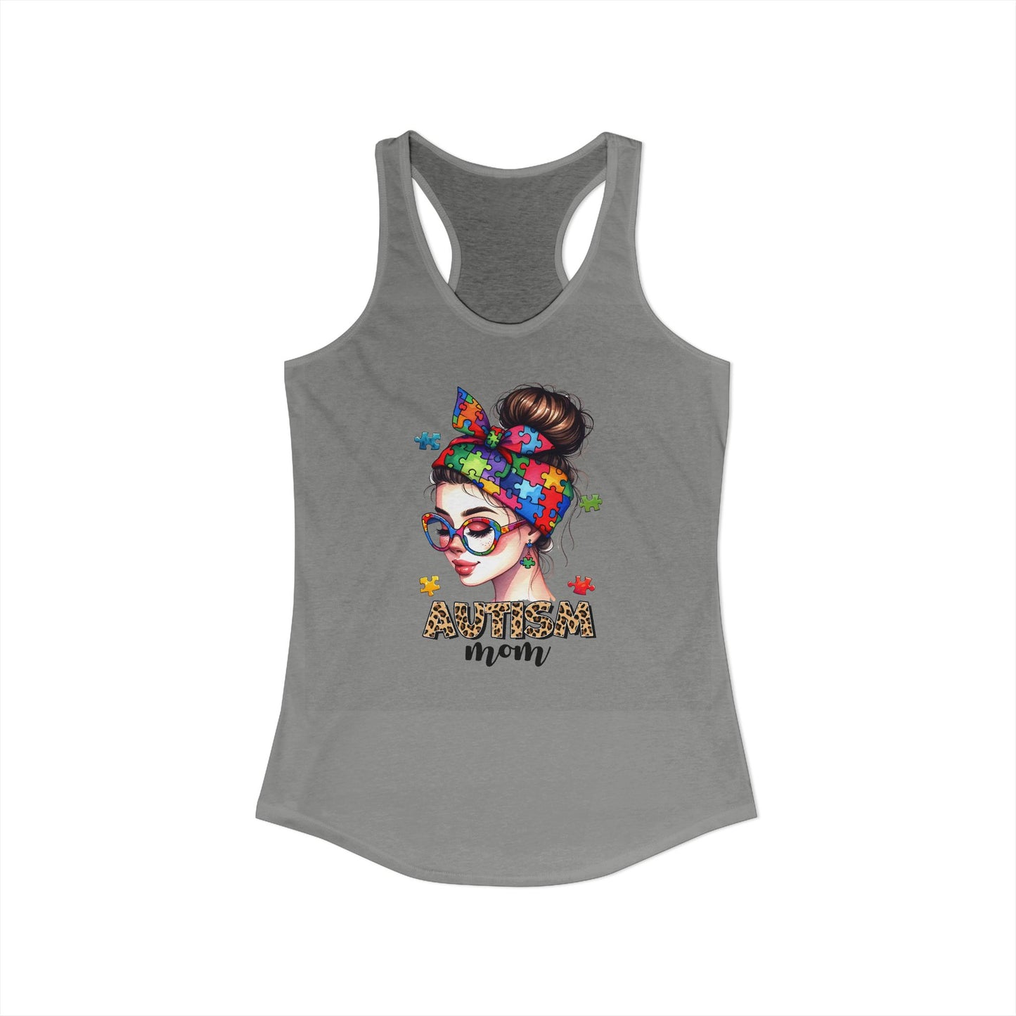 Autism Mom Messy Bun Tank – Colorful Puzzle Pieces, Leopard Print & Neurodiversity Pride