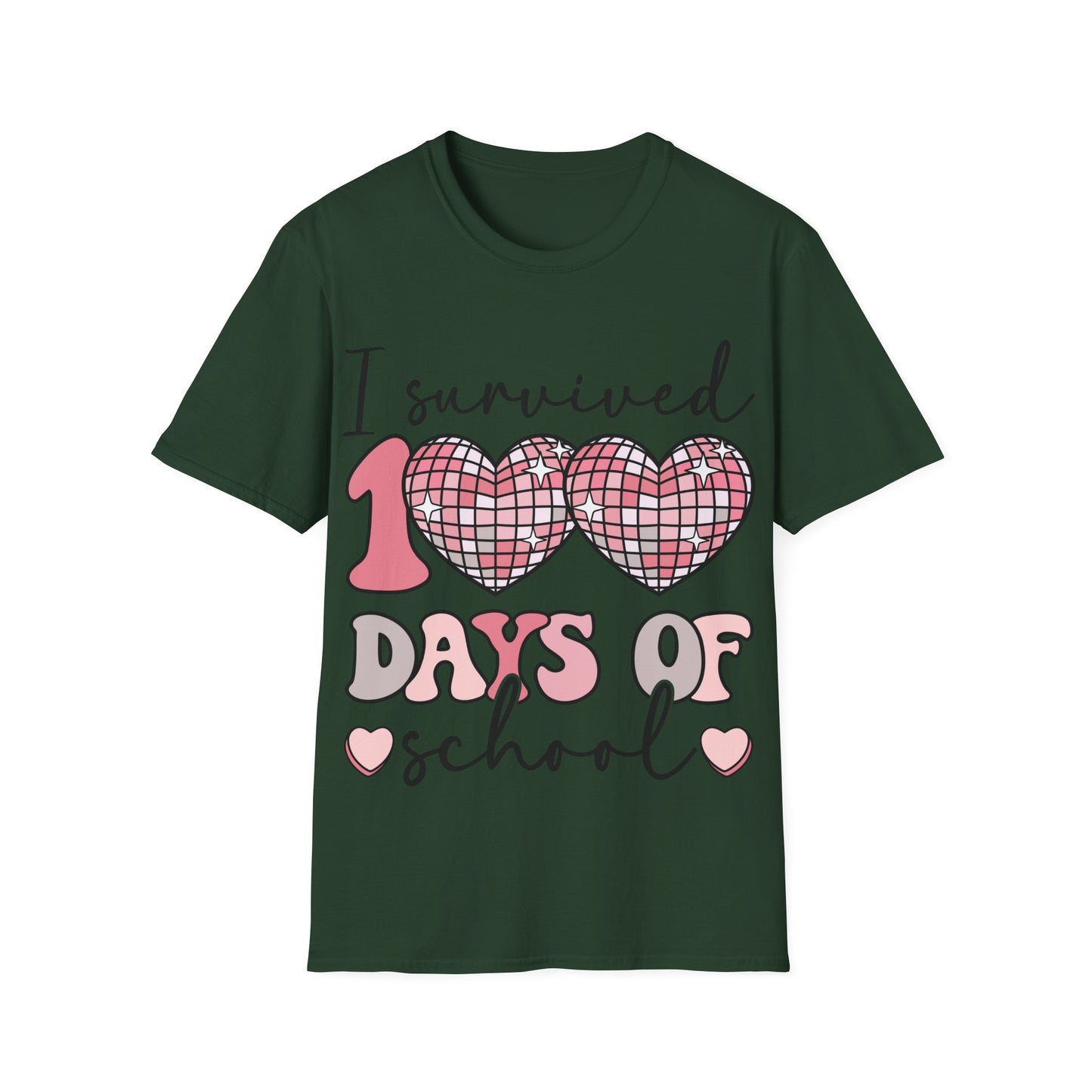 I Survived 100 Days of School Shirt | Funny Retro Disco Heart Tee | Pink 100th Day Teacher Gift | Humorous Student Outfit
