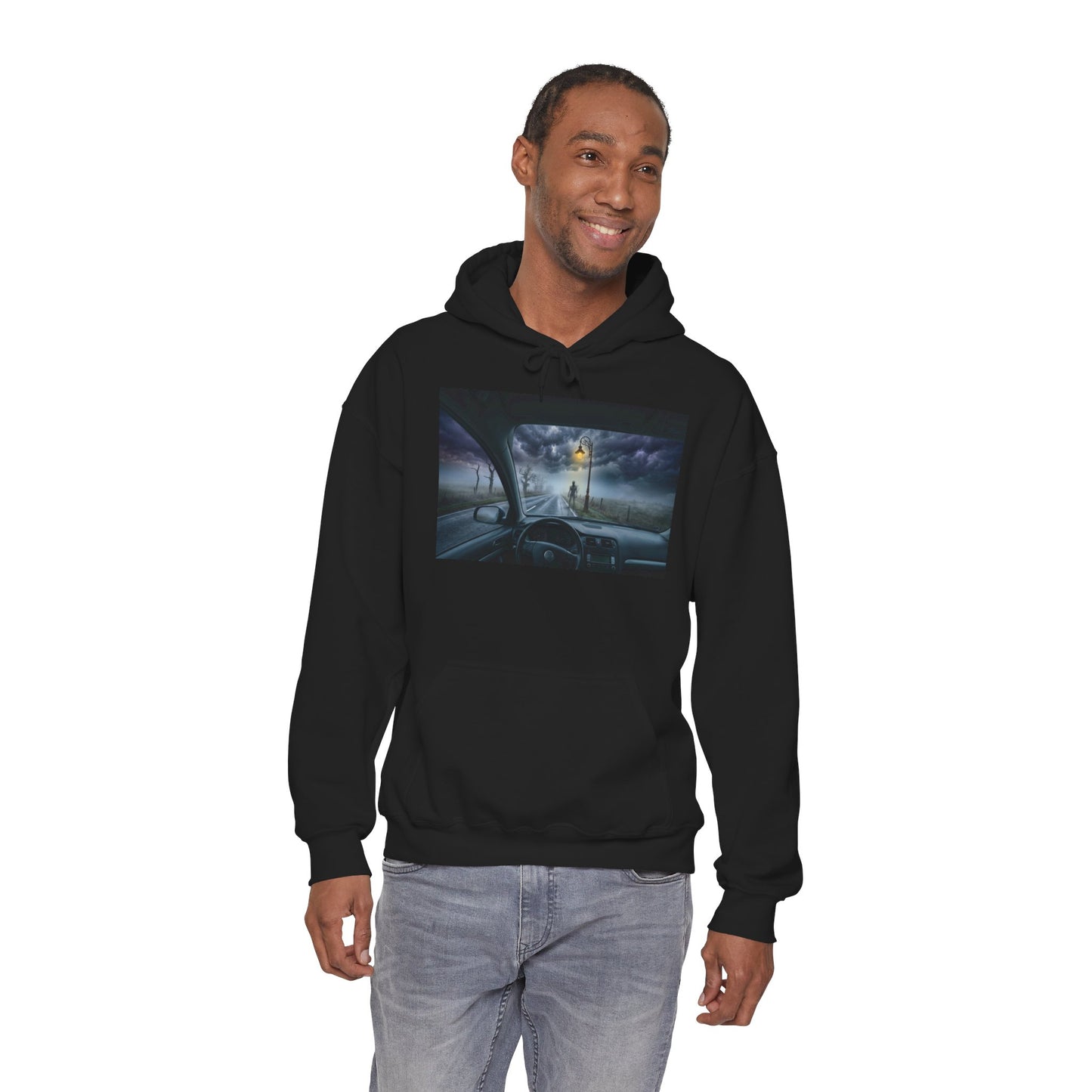 Roadside Encounter Hoodie | Eerie Figure on a Foggy Country Road