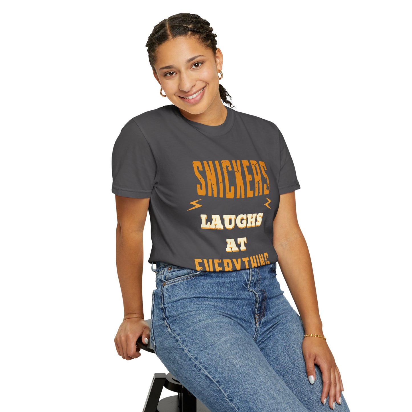 Cheerful 'Laughs at Everything' T-Shirt - coworker/friend Inspired Humorous Fun Shirt