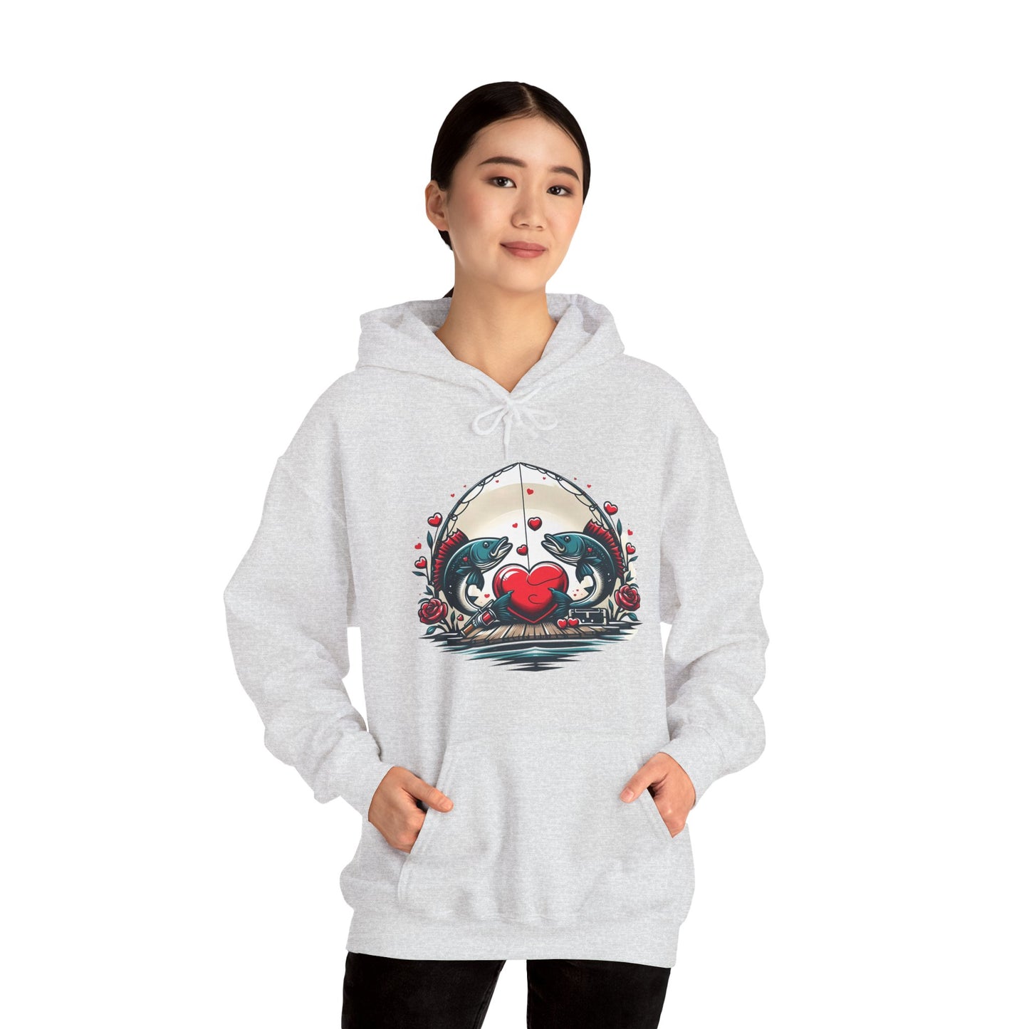 Unique Fish Love Heart Hoodie Unisex Fishing Themed Sweatshirt Graphic Hoodie With Rose Detail Romantic Angler Gift