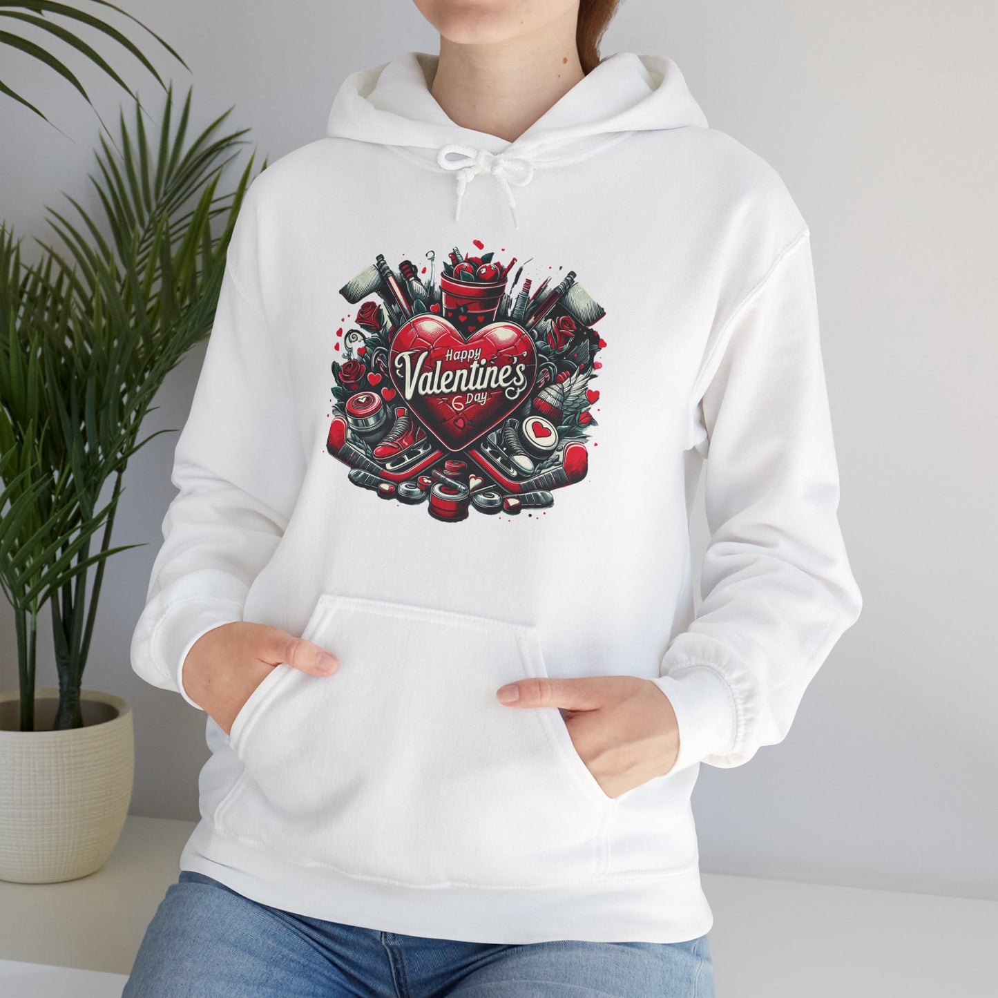 Valentine's Day Heart and Roses Hoodie, Romantic Couple Skatewear, Love ice hockey Themed Sweatshirt