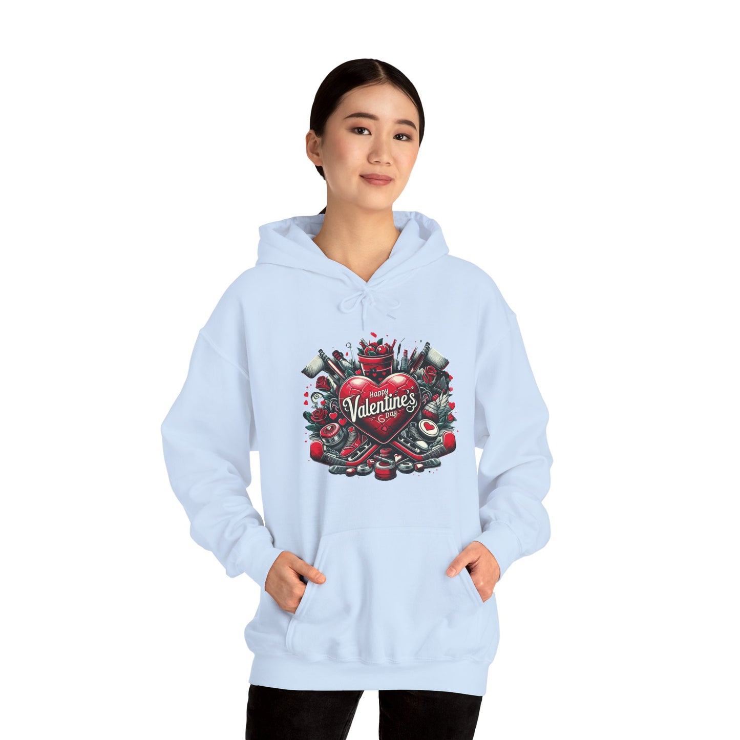 Valentine's Day Heart and Roses Hoodie, Romantic Couple Skatewear, Love ice hockey Themed Sweatshirt