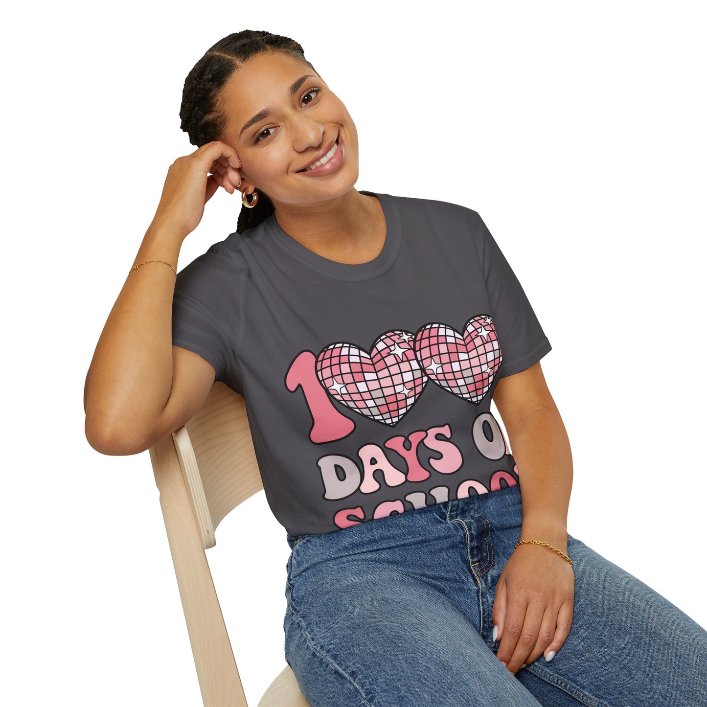 00 Days of School Shirt | Retro Pink Disco Hearts Tee | Vintage Bubble Letter Teacher & Student Top | Soft Ring-Spun Cotton Gift