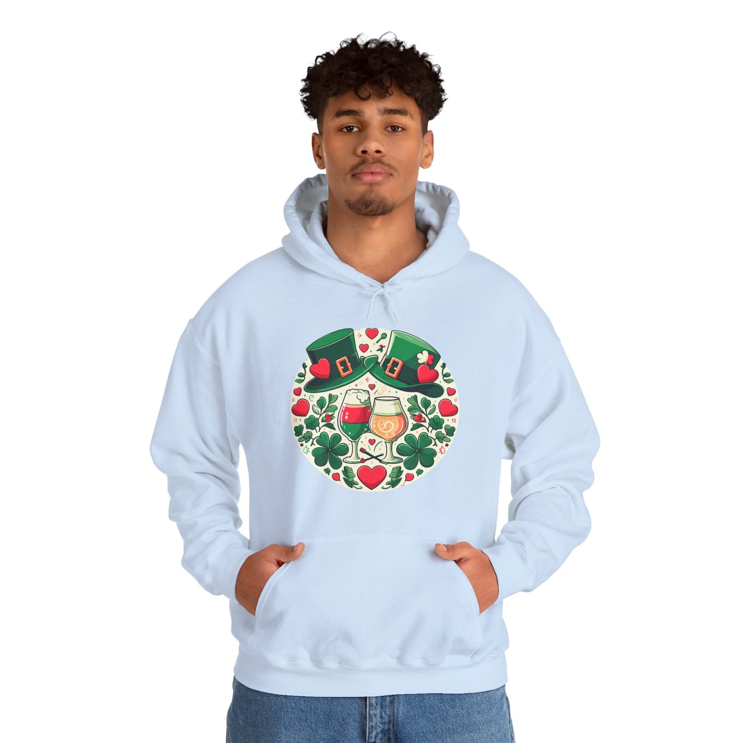 St. Patrick's Day Hoodie, Irish Celebration Beer Clover Heart Unisex Pullover