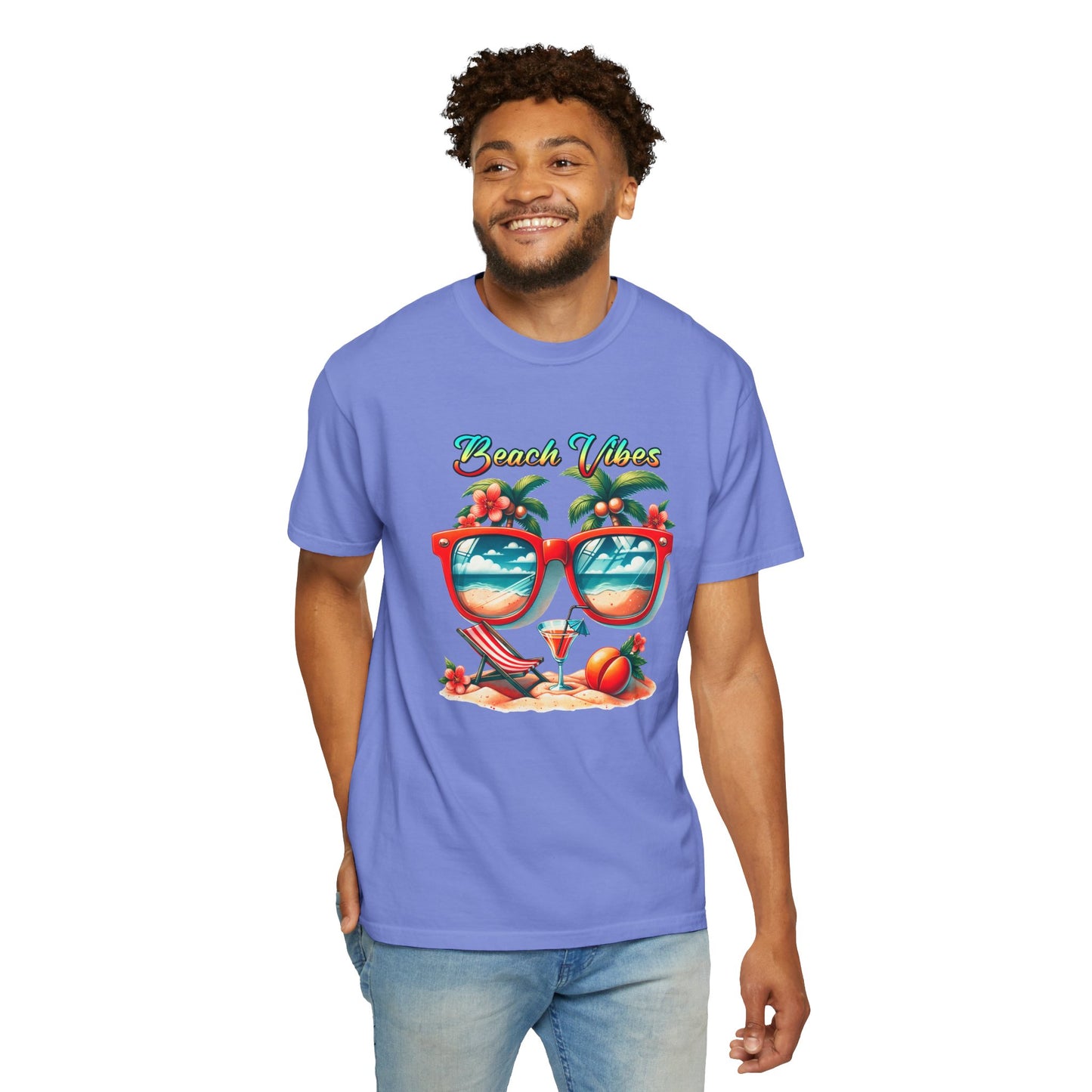 Beach Vibes Graphic Tee – Retro Sunglasses, Palm Trees & Sunset Summer Shirt