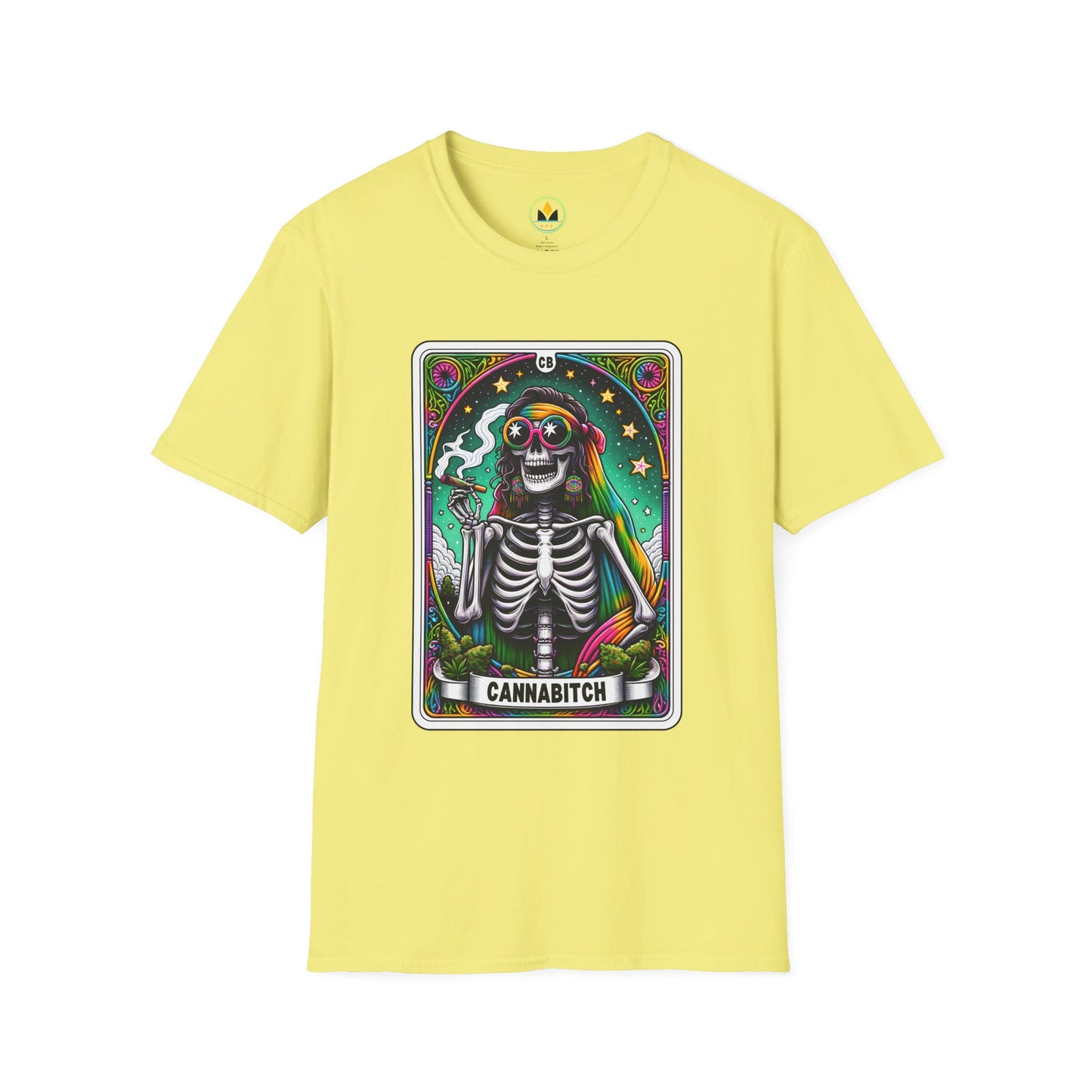 Psychedelic “Cannabitch” Tarot Skeleton T‑Shirt – Trippy Rainbow Weed Art for Stoner Queens