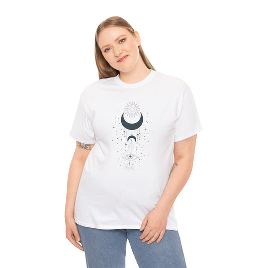 Celestial Moon & Sun Shirt | Boho Mystical Line Art Tee | Spiritual Astrology Gift | Heavy Cotton Unisex Top | Witchy Yoga T-Shirt