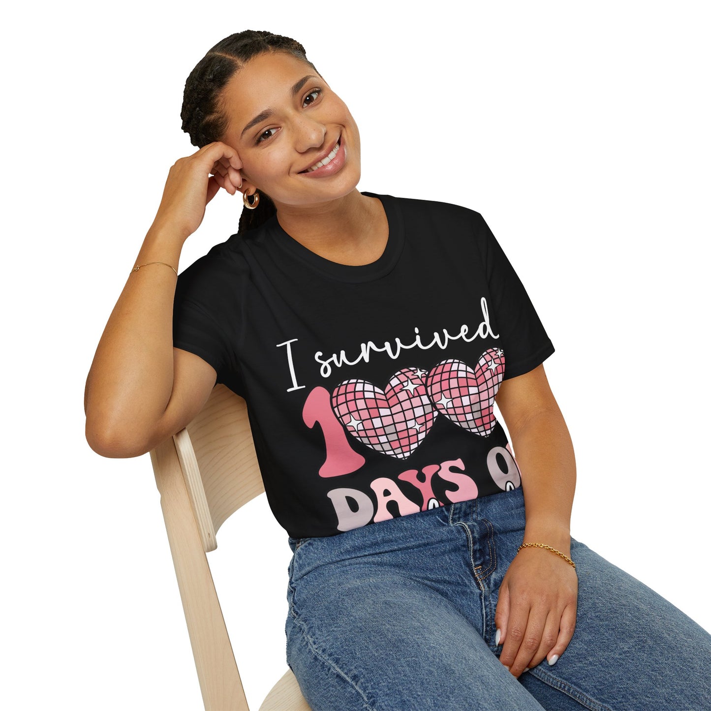 I Survived 100 Days of School Shirt | Funny Retro Disco Heart Black Tee | Groovy Teacher Student Humor Gift