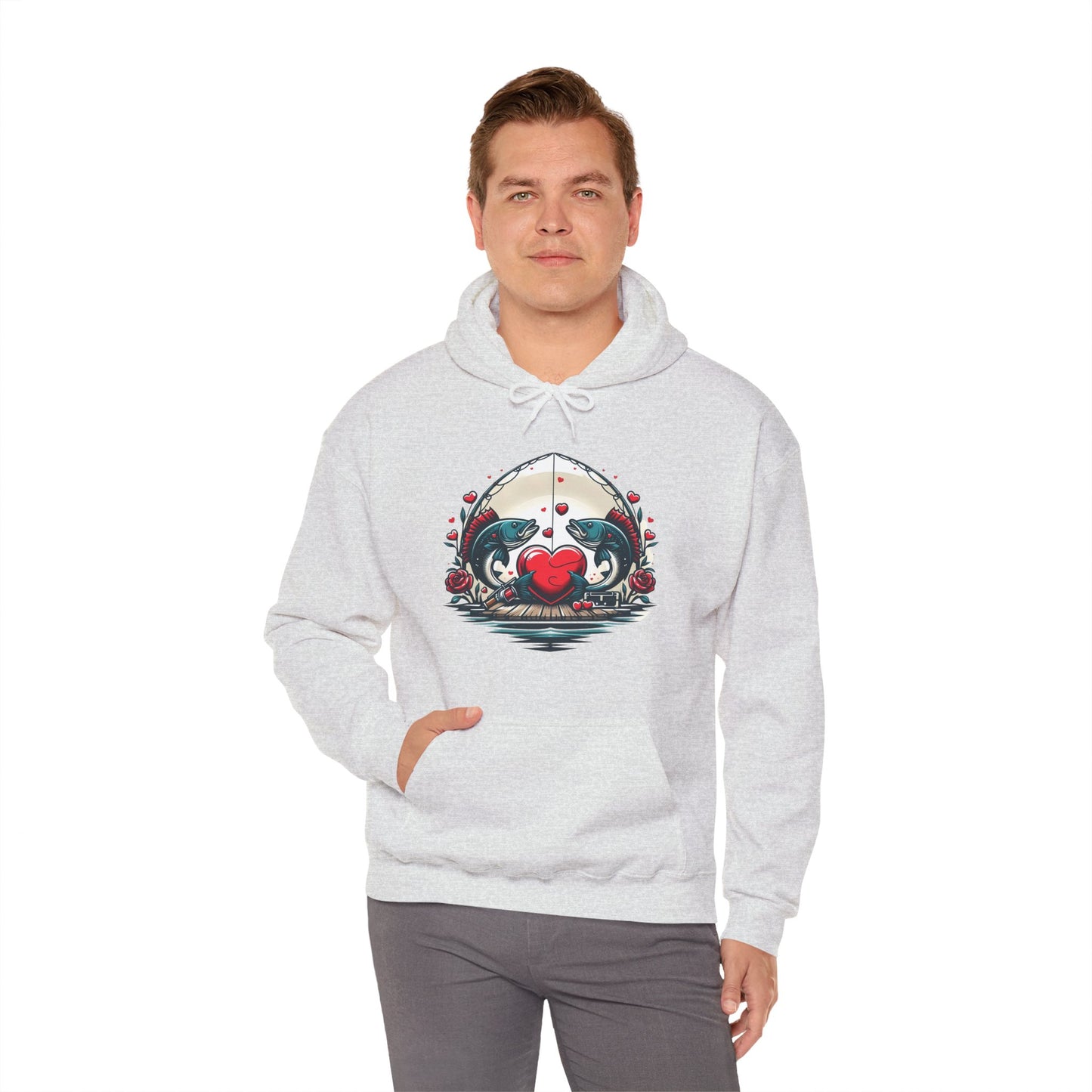Unique Fish Love Heart Hoodie Unisex Fishing Themed Sweatshirt Graphic Hoodie With Rose Detail Romantic Angler Gift