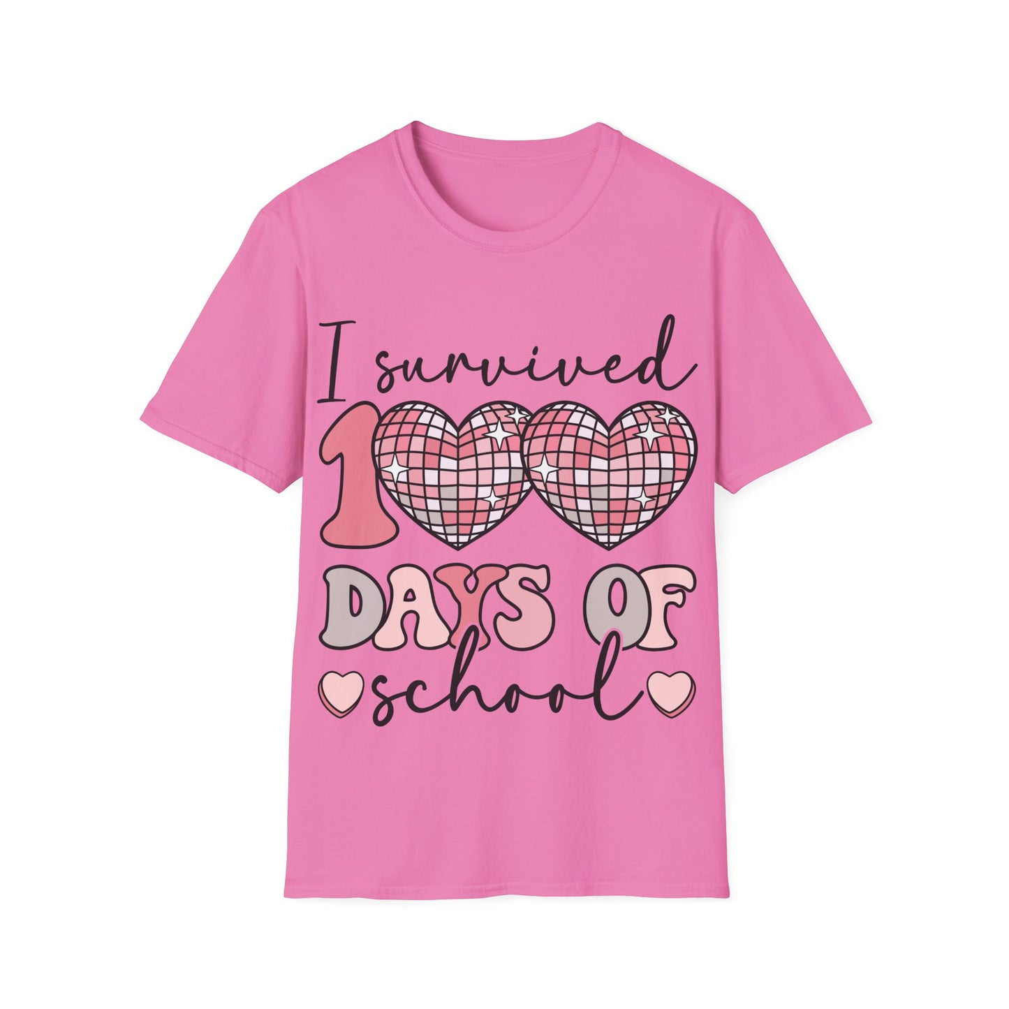 I Survived 100 Days of School Shirt | Funny Retro Disco Heart Tee | Pink 100th Day Teacher Gift | Humorous Student Outfit