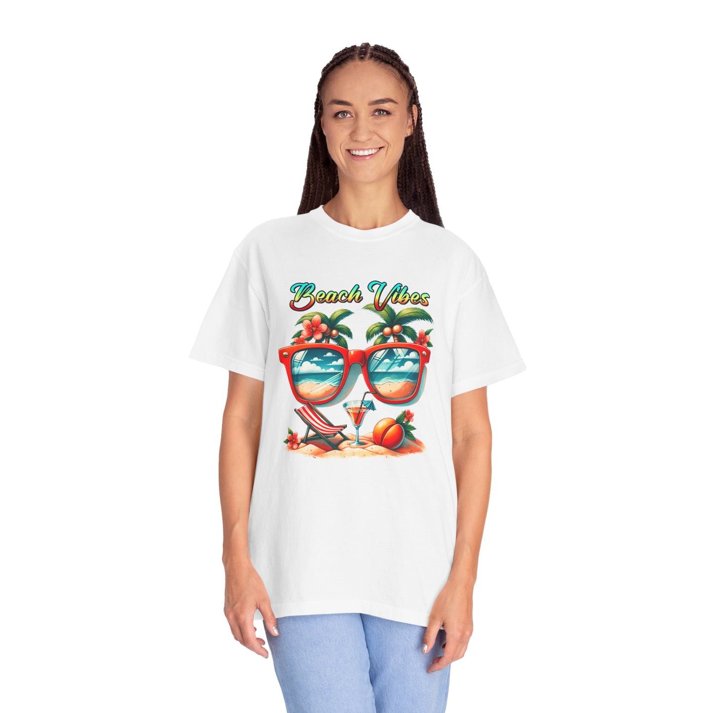 Beach Vibes Graphic Tee – Retro Sunglasses, Palm Trees & Sunset Summer Shirt