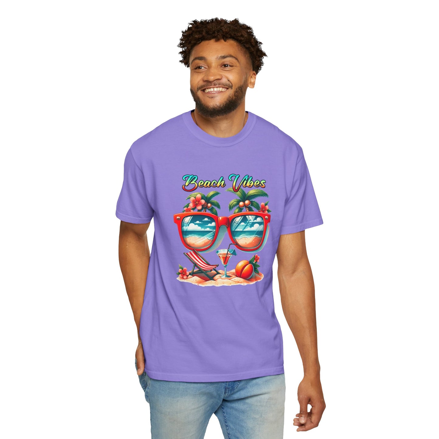 Beach Vibes Graphic Tee – Retro Sunglasses, Palm Trees & Sunset Summer Shirt
